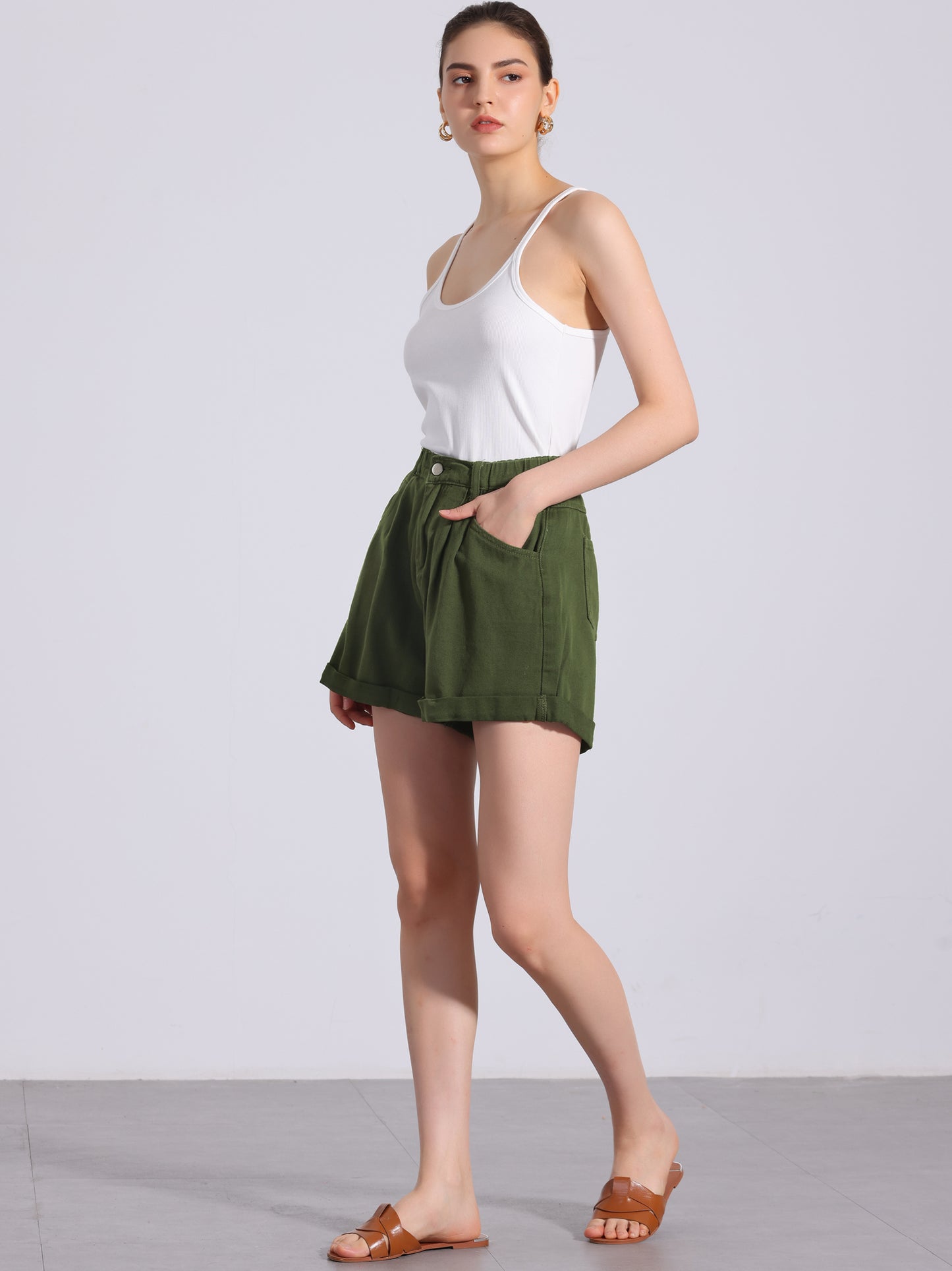 Women's High Waist Shorts with Pockets Elastic Waist Casual Summer Denim Shorts