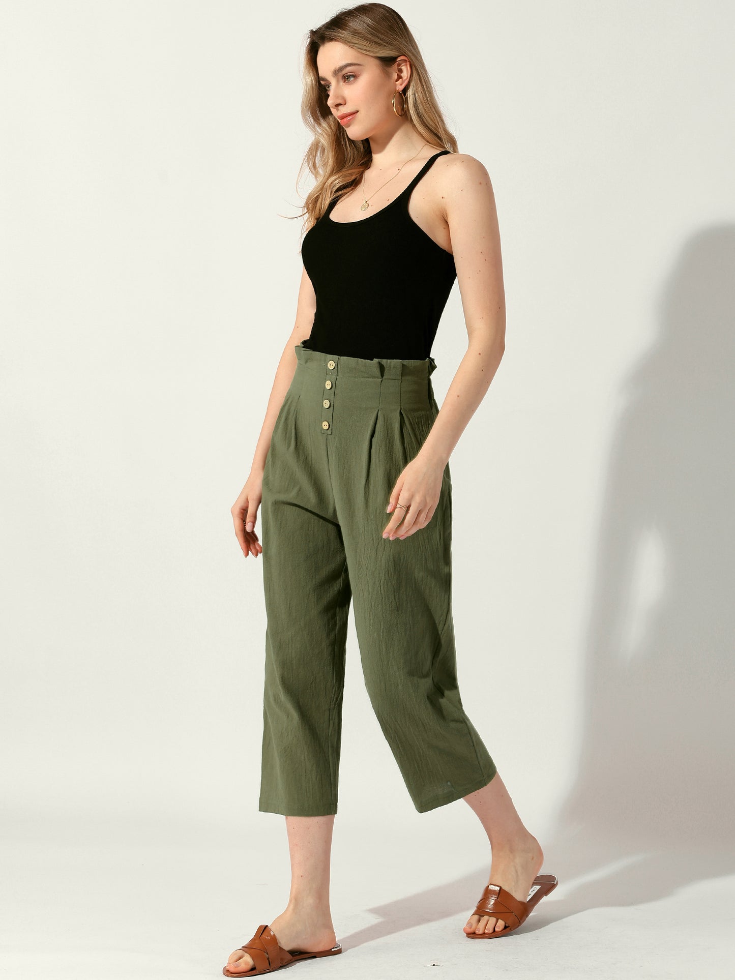 Pantalones de lino y algodón para mujer, cintura elástica, ligeros, con botones, informales