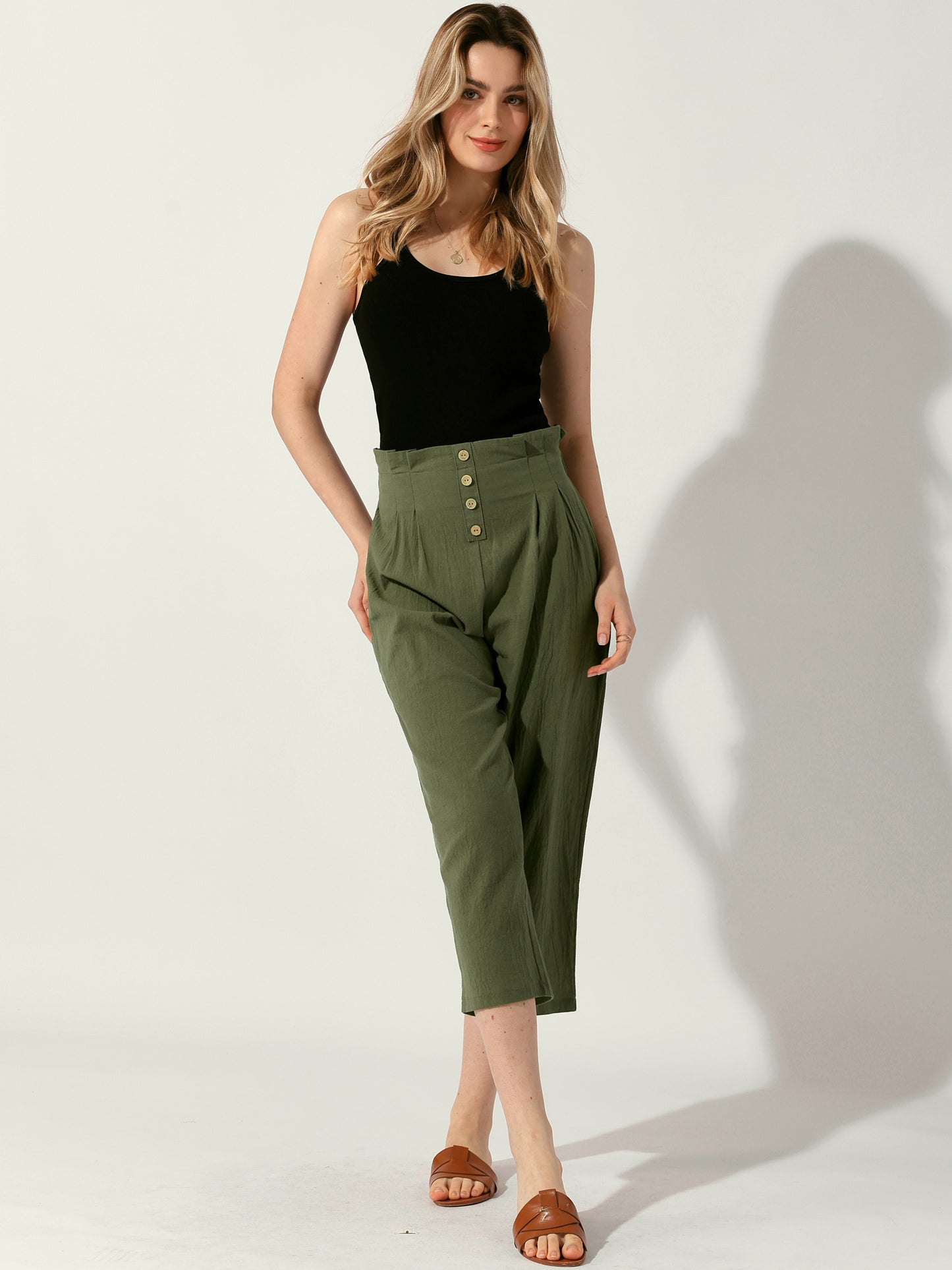 Pantalones de lino y algodón para mujer, cintura elástica, ligeros, con botones, informales
