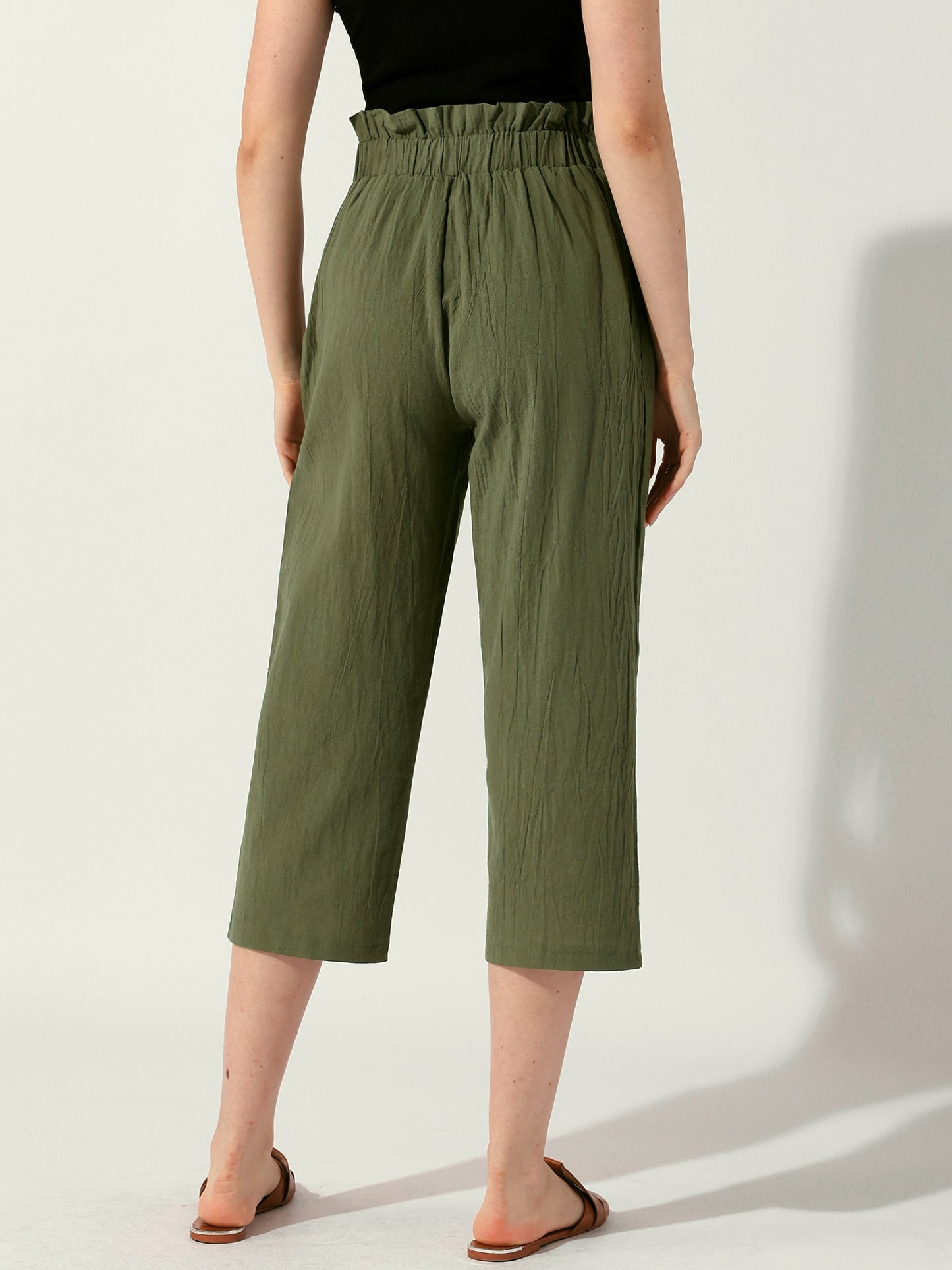 Pantalones de lino y algodón para mujer, cintura elástica, ligeros, con botones, informales