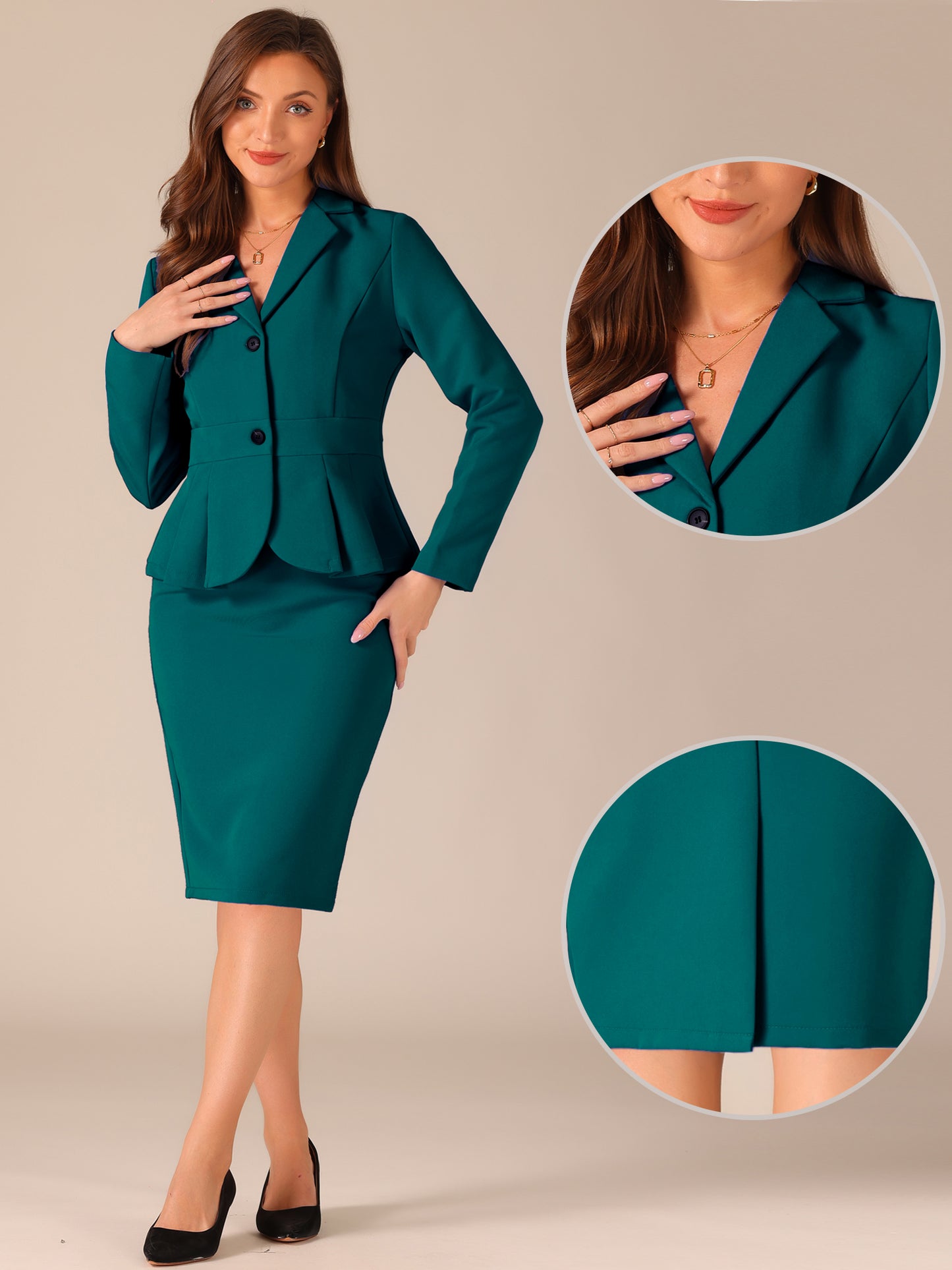 Women's 2 Piece Skirt Suit Set Formal Notched Lapel Peplum Blazer Pencil Skirt