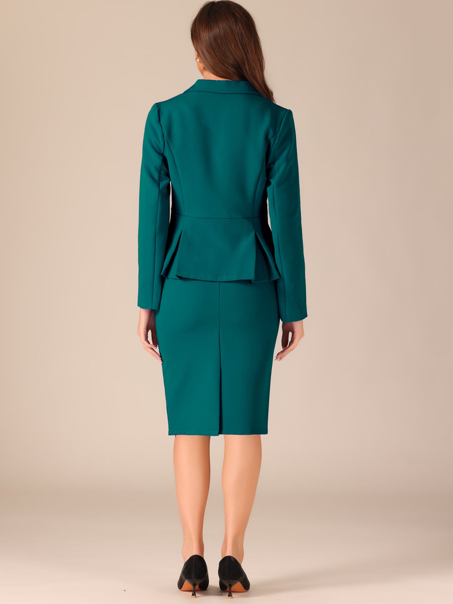 Women's 2 Piece Skirt Suit Set Formal Notched Lapel Peplum Blazer Pencil Skirt