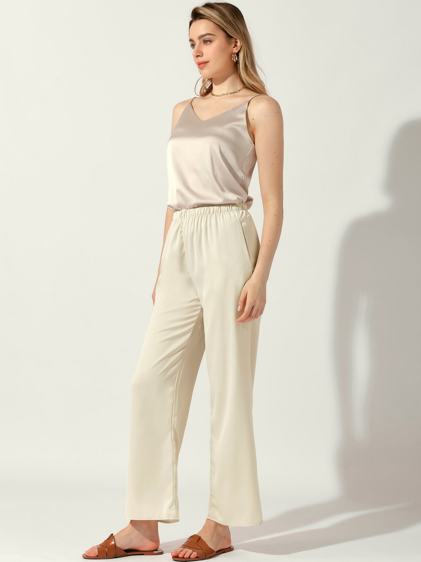 Women's High Elastic Waist Casual Trousers Satin Wide Leg Pants