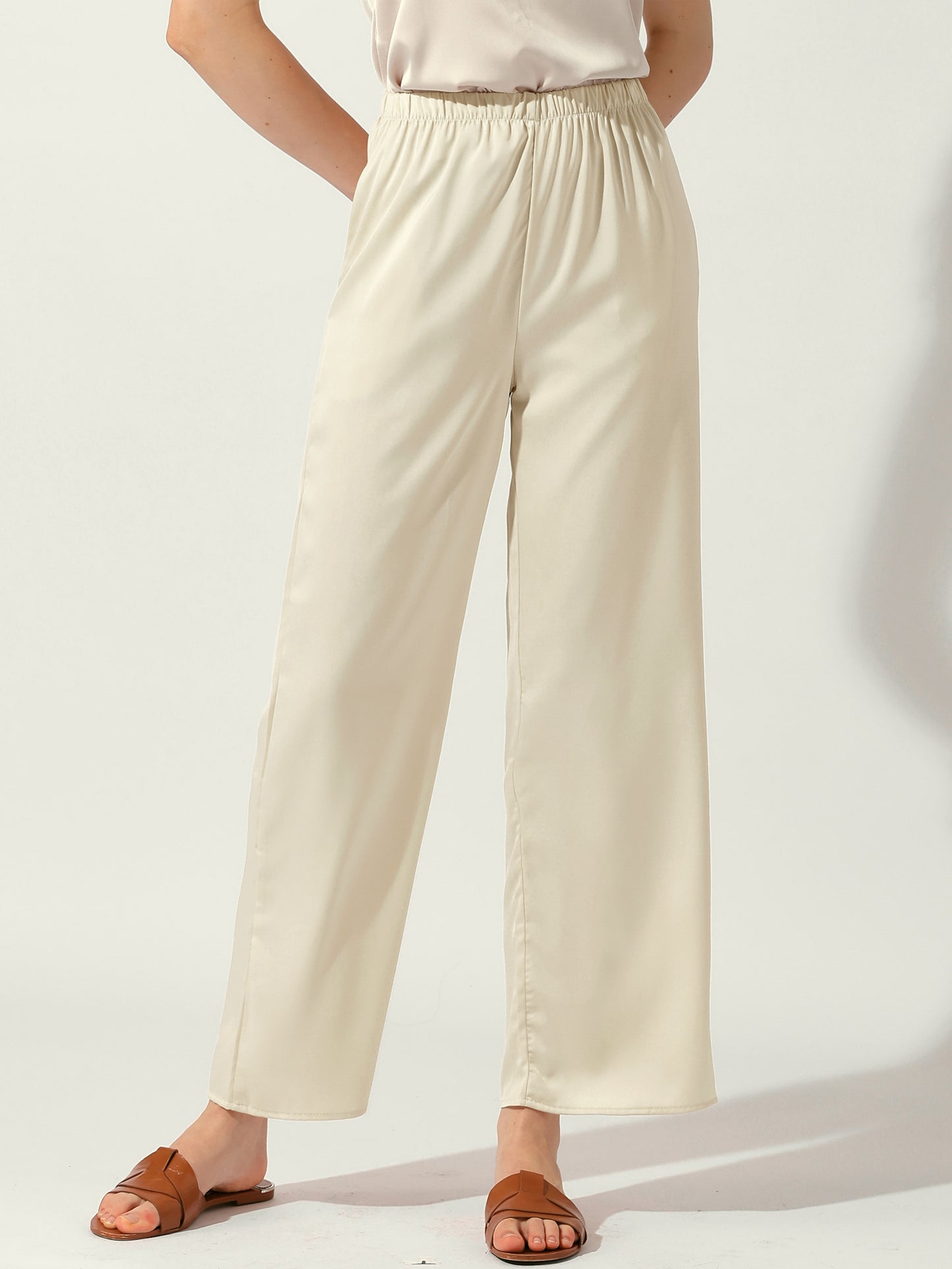 Women's High Elastic Waist Casual Trousers Satin Wide Leg Pants