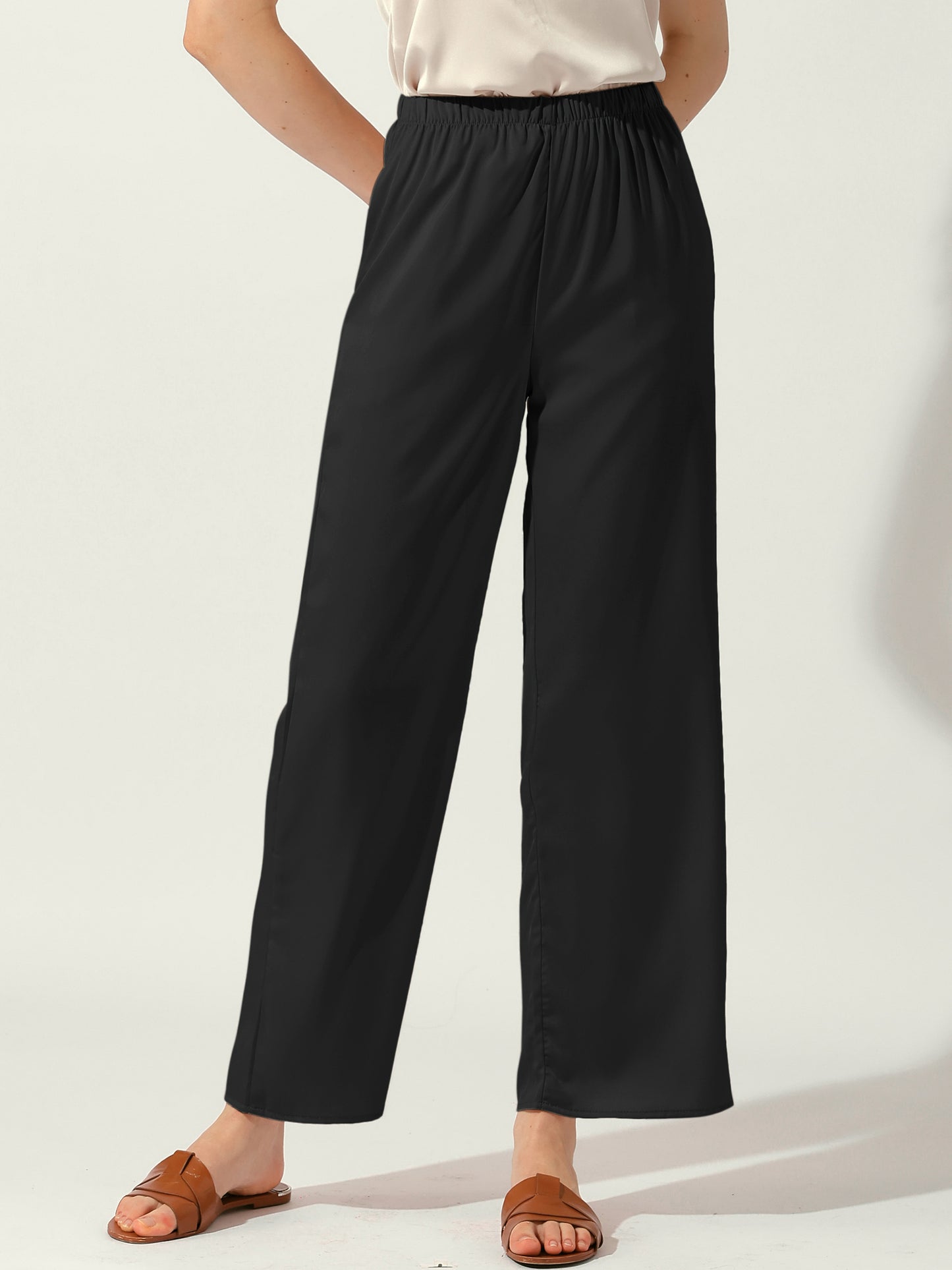 Women's High Elastic Waist Casual Trousers Satin Wide Leg Pants