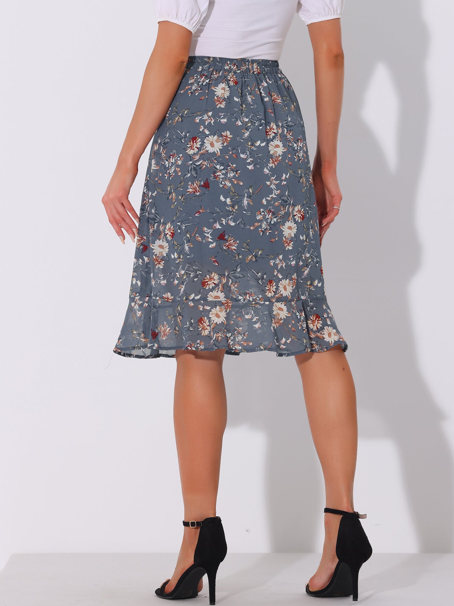 Faldas midi florales para mujer, de verano, con volantes, cintura alta, fluidas, corte A, con abertura hasta la rodilla