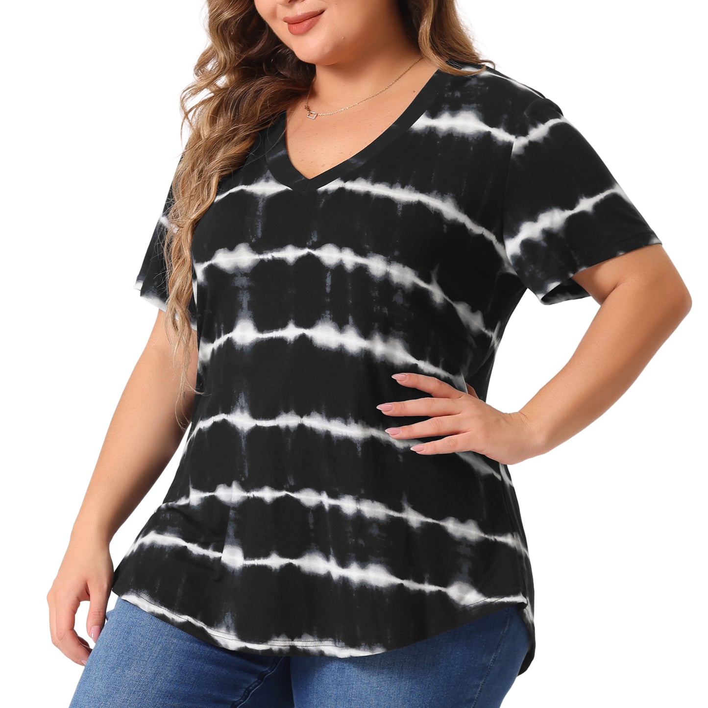 Women's Plus Size Summer Top V Neck Short Sleeve Casual Tie Dye