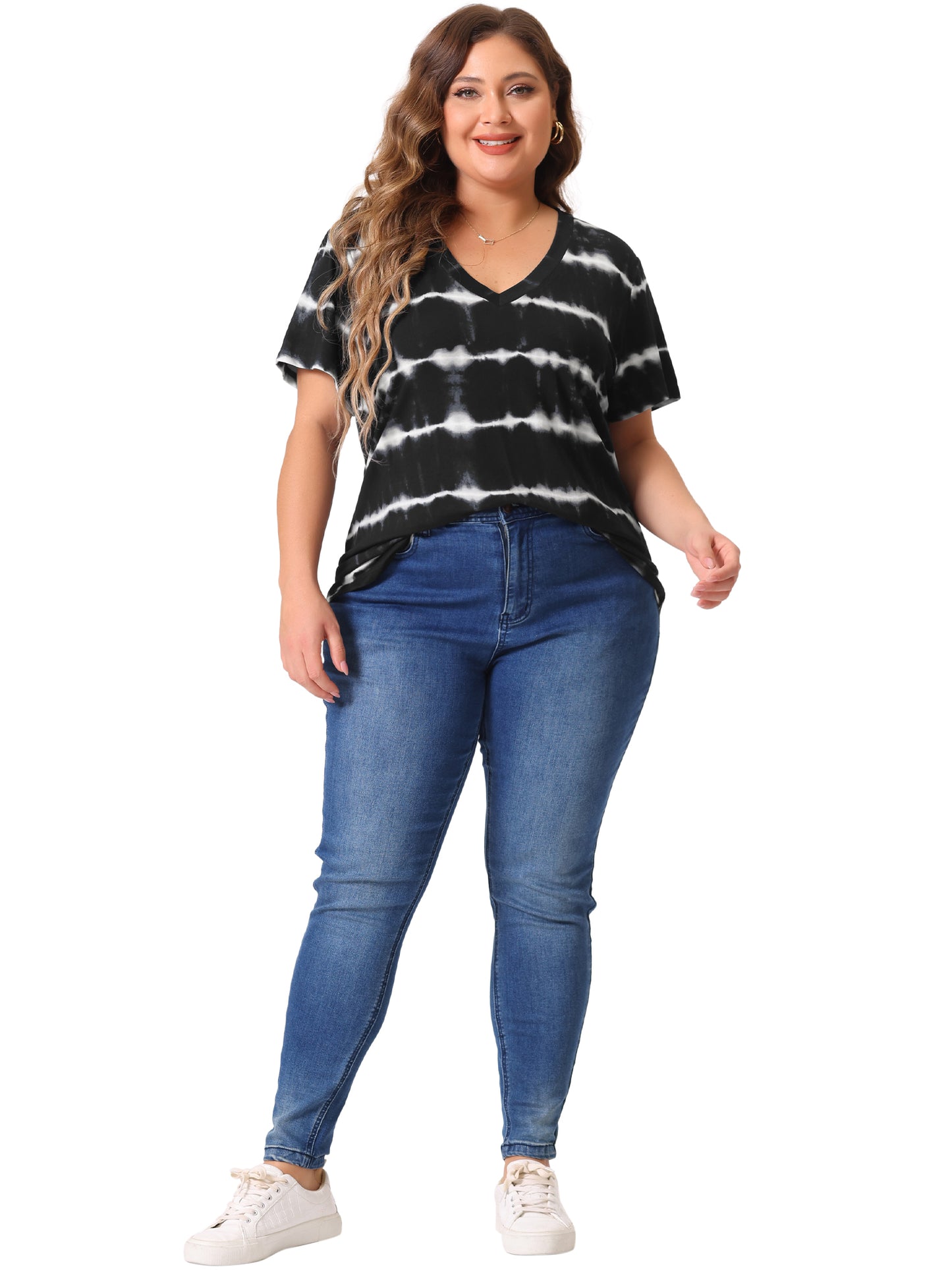Women's Plus Size Summer Top V Neck Short Sleeve Casual Tie Dye