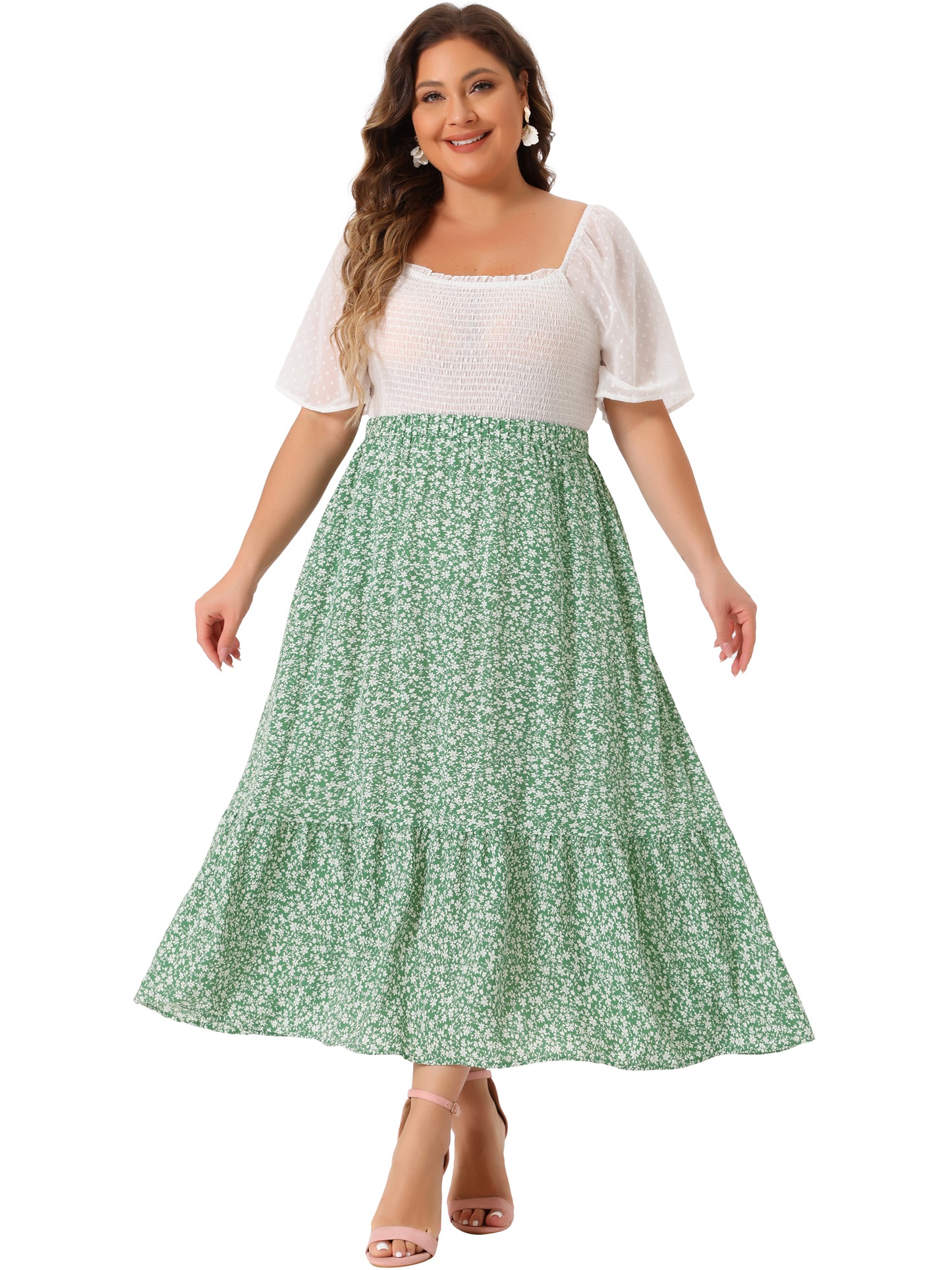Women Plus Size Skirts Floral Flowy Stretchy Waist Layered A Line with Pocket Summer Maxi Skirt
