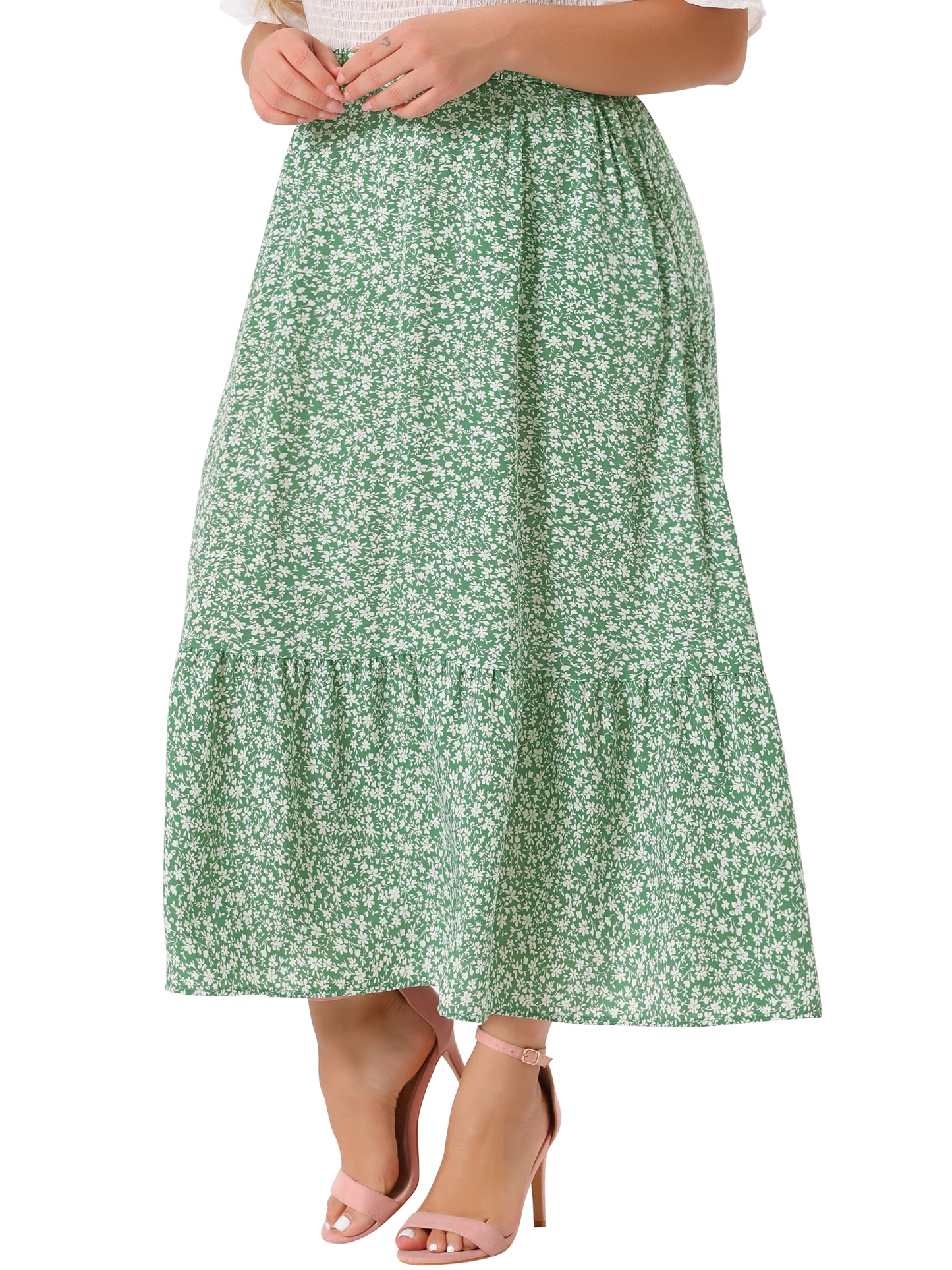 Women Plus Size Skirts Floral Flowy Stretchy Waist Layered A Line with Pocket Summer Maxi Skirt