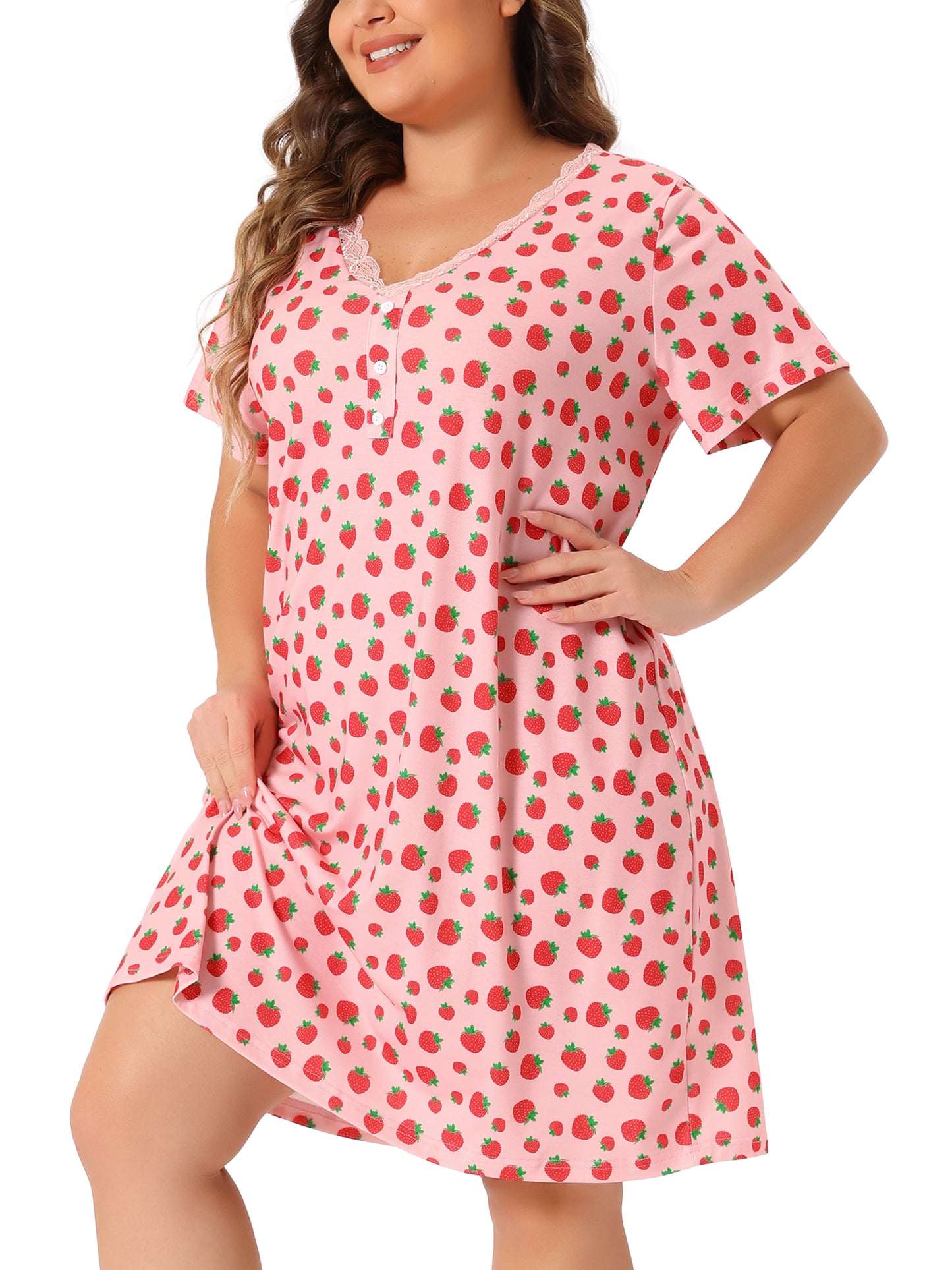 Women Plus Size Loungewear V Neck Lace Panel Sleepwear Nightgown