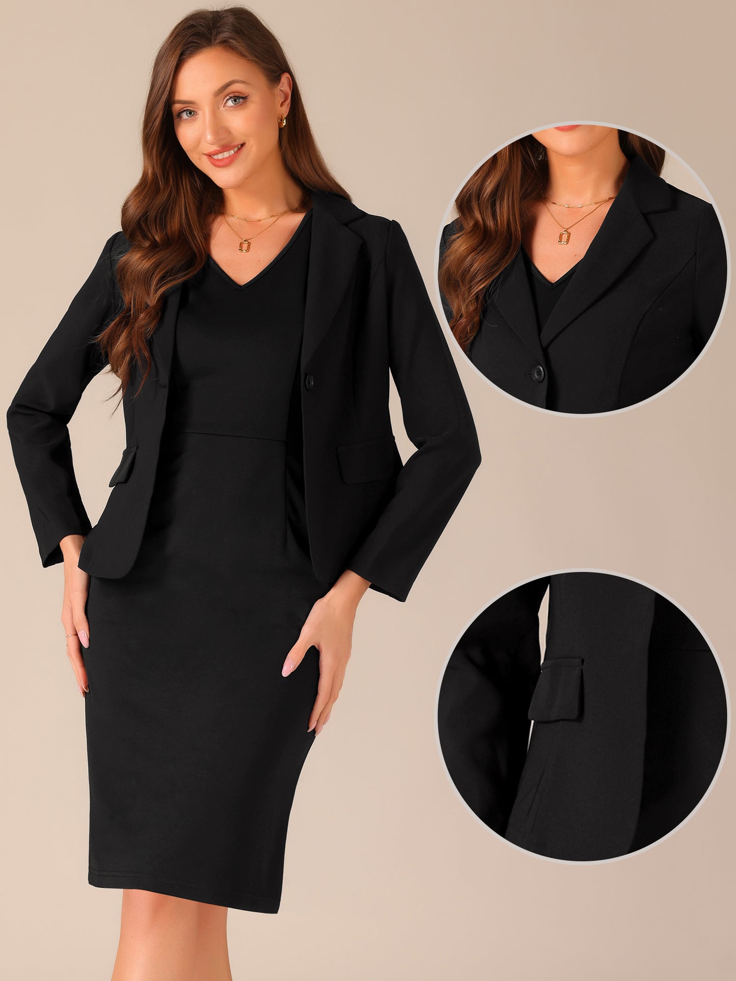 Women's 2 Piece Business Dress Suit Set Work Office Notched Lapel Blazer V Neck Dress
