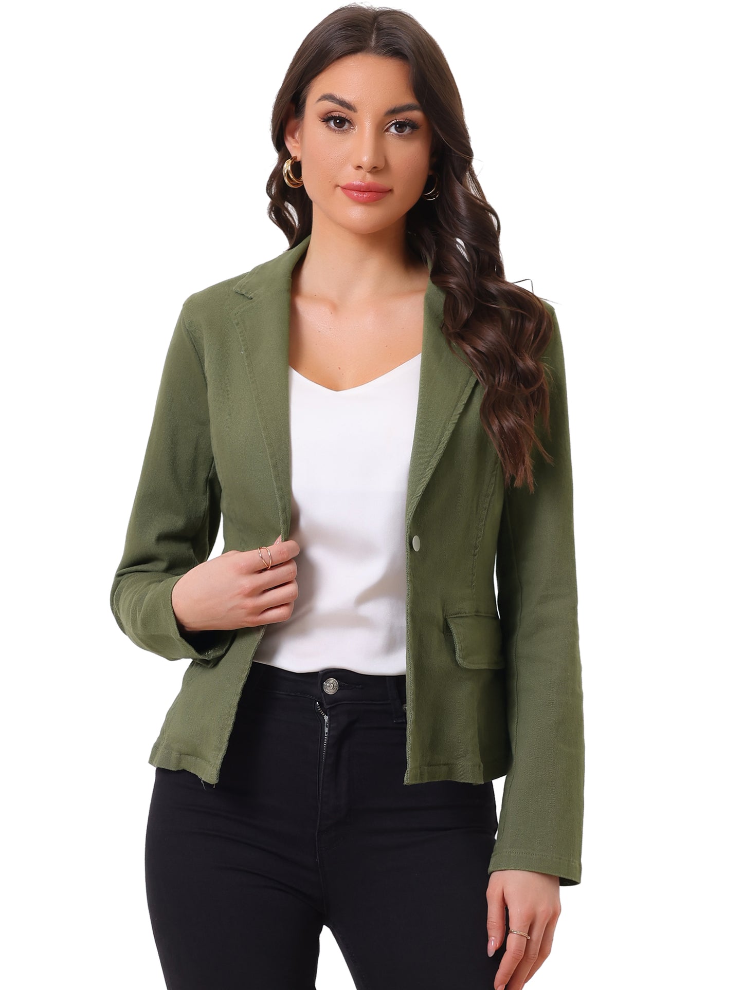 Women's Notched Lapel One Button Long Sleeve Washed Denim Blazer (Available in Plus Size)