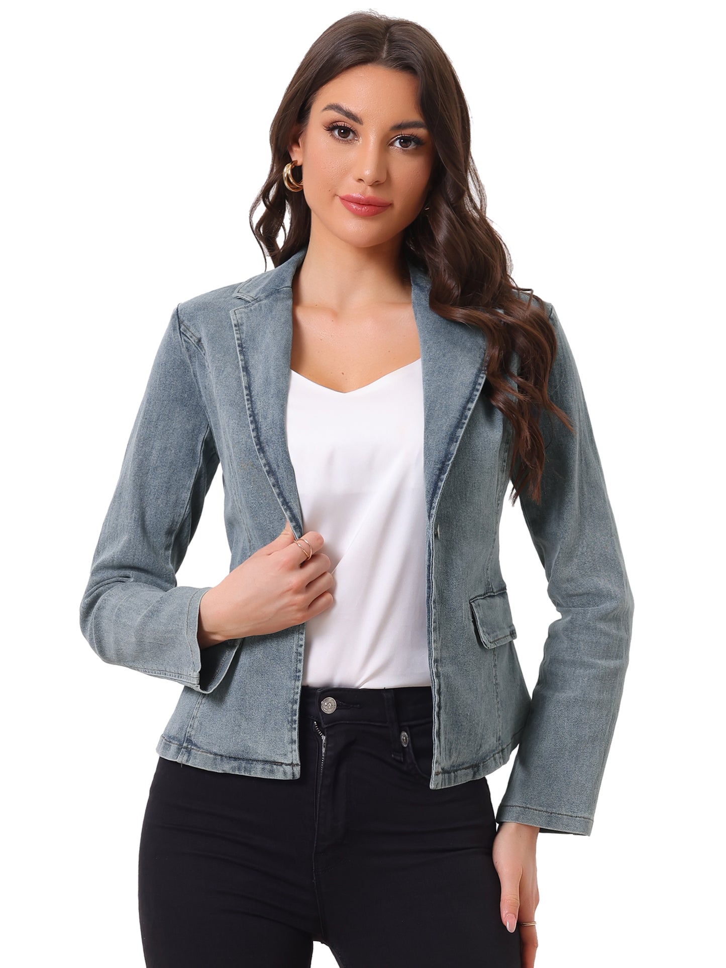 Women's Notched Lapel One Button Long Sleeve Washed Denim Blazer (Available in Plus Size)
