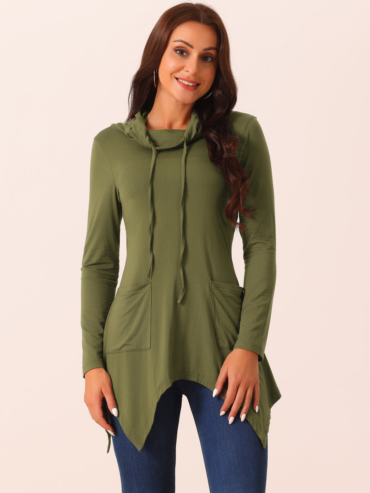 Women's Casual Long Sleeve Cowl Neck Asymmetrical Hem Tunic Tops with Pockets
