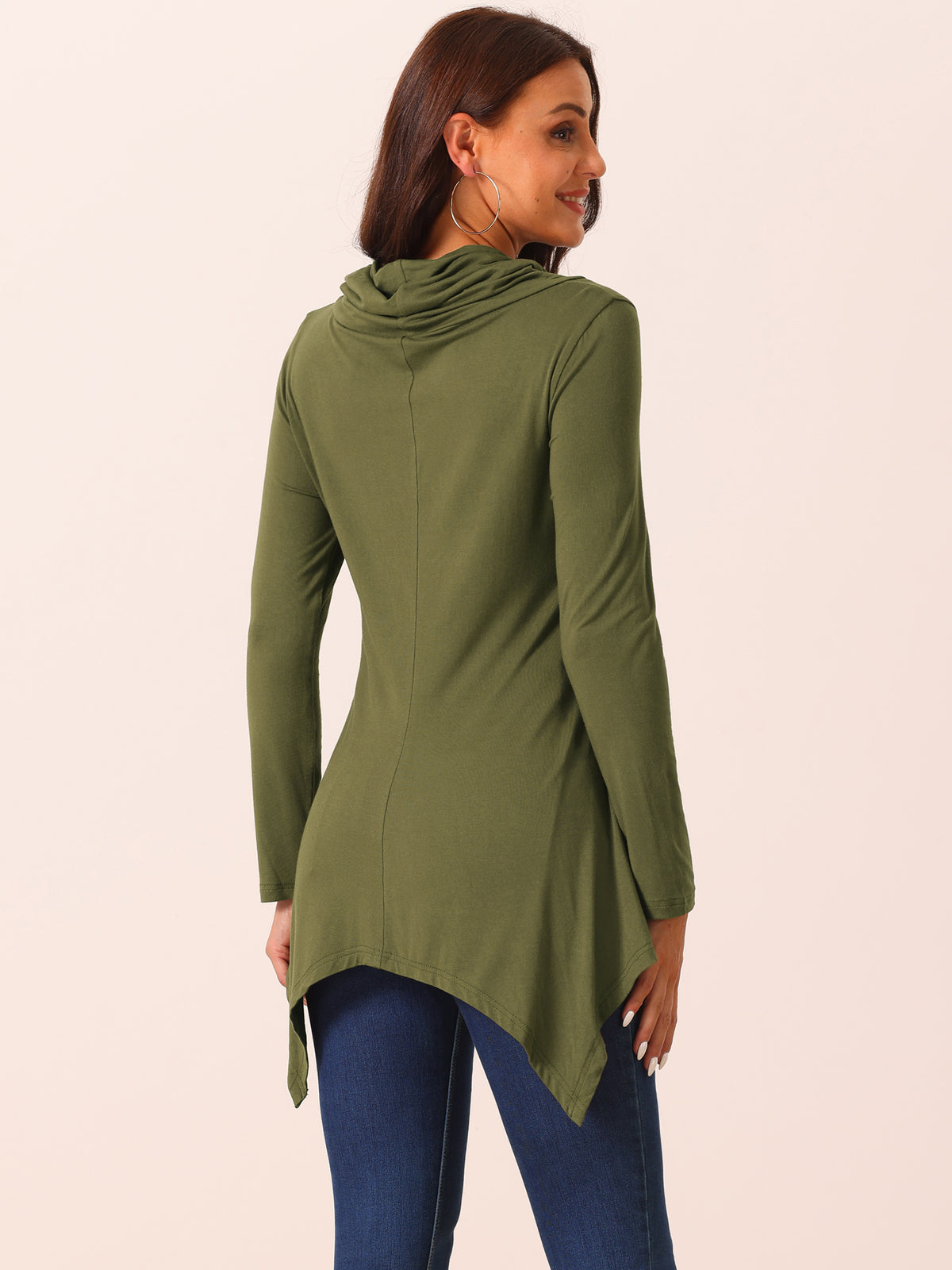 Women's Casual Long Sleeve Cowl Neck Asymmetrical Hem Tunic Tops with Pockets