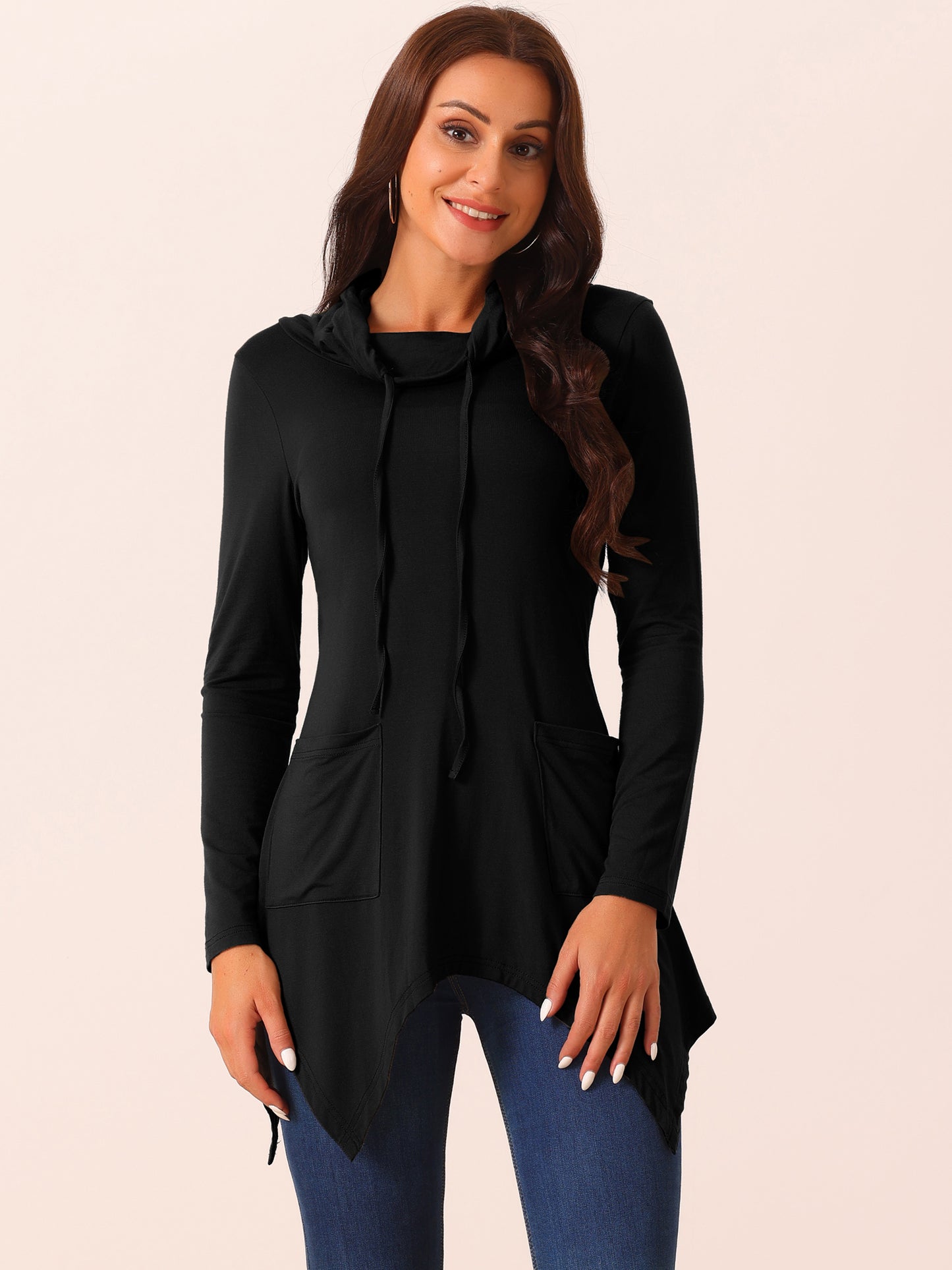 Women's Casual Long Sleeve Cowl Neck Asymmetrical Hem Tunic Tops with Pockets