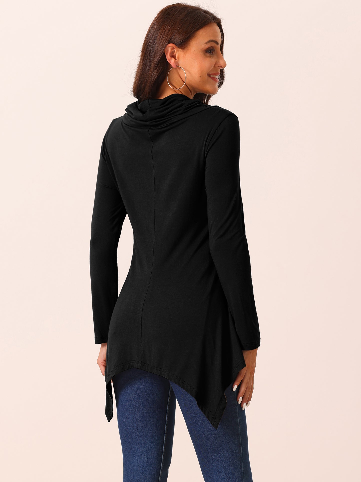 Women's Casual Long Sleeve Cowl Neck Asymmetrical Hem Tunic Tops with Pockets
