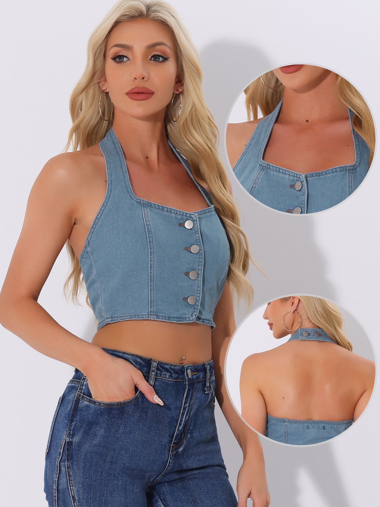 Women's Denim Crop Top Sleeveless Button Front Halter Backless Jean Tank Top