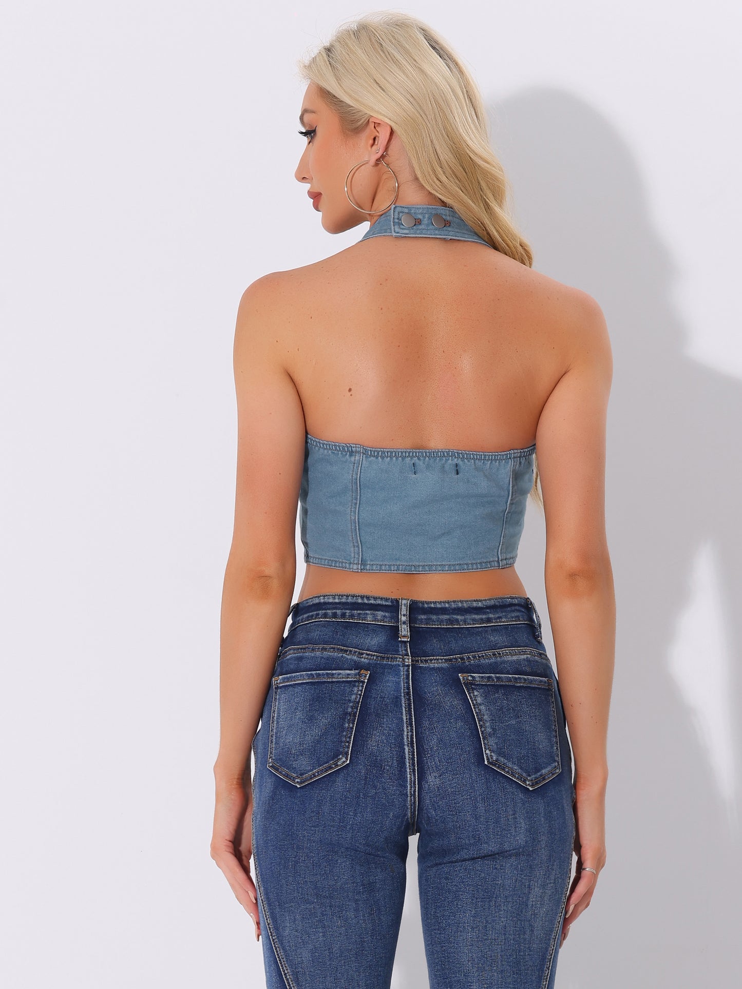 Women's Denim Crop Top Sleeveless Button Front Halter Backless Jean Tank Top