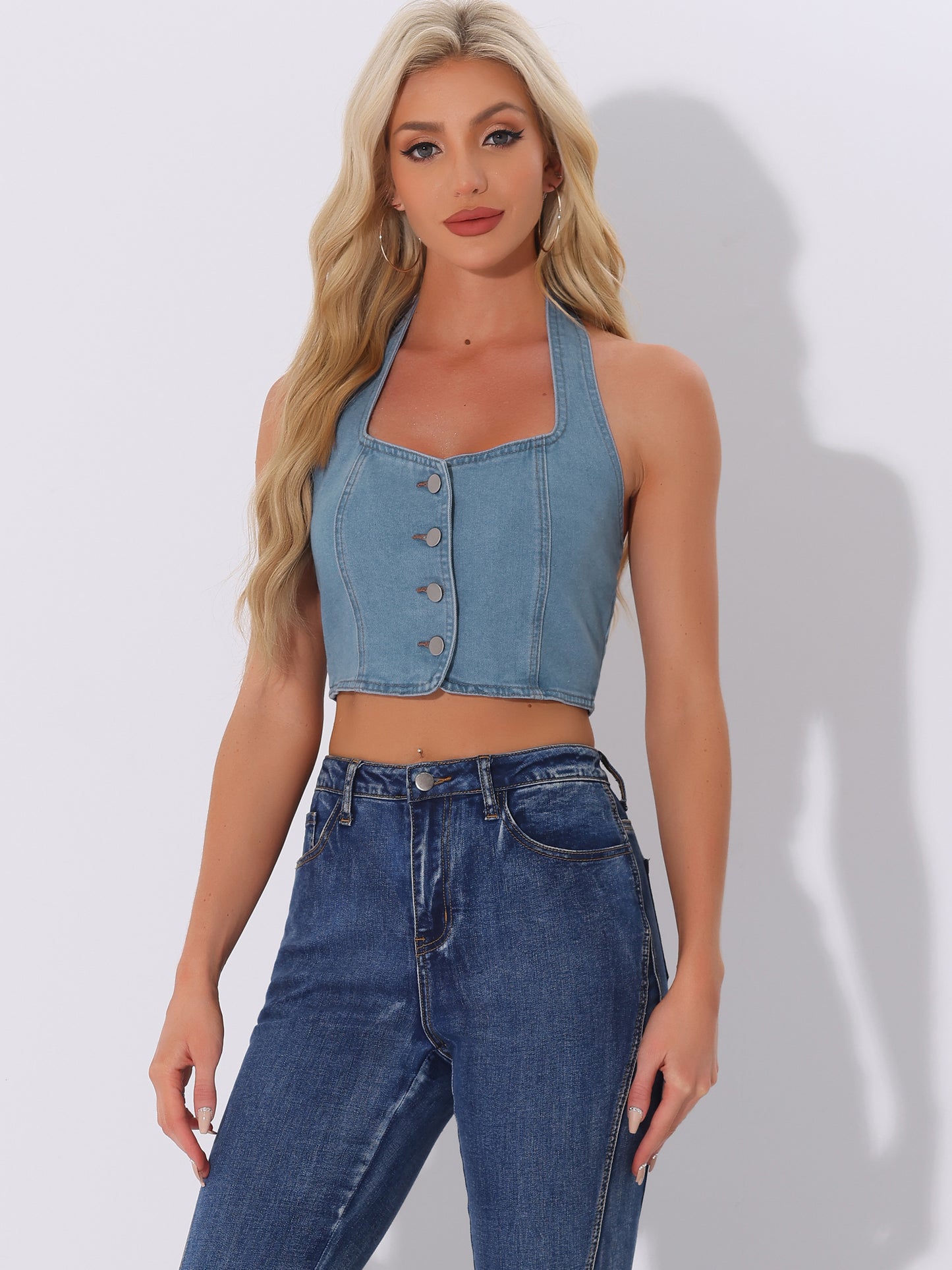 Women's Denim Crop Top Sleeveless Button Front Halter Backless Jean Tank Top