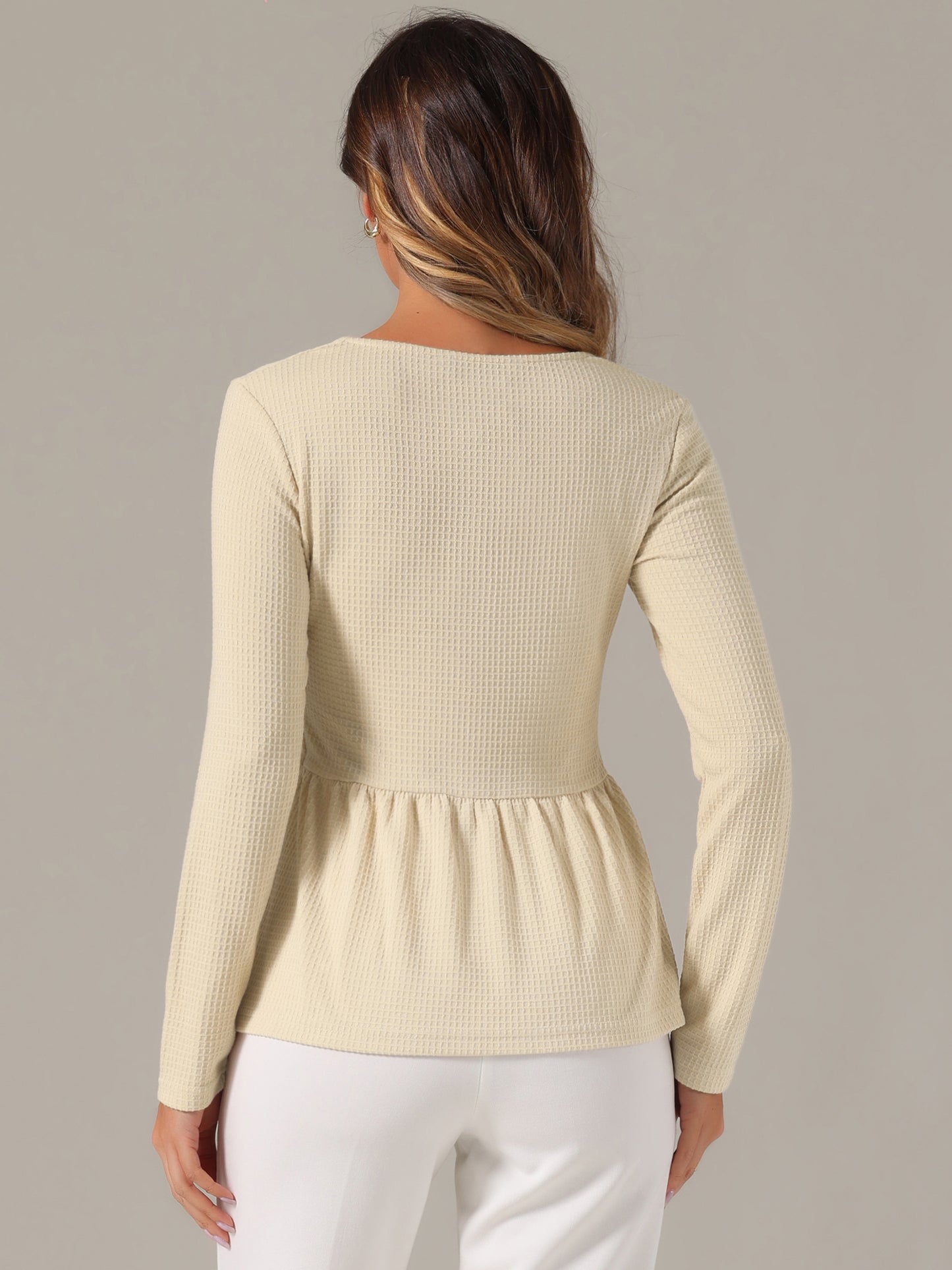 Women's Waffle Knit Tops Long Sleeve Shirts Ruffled Hem Decorative Buttons V-Neck Shirt