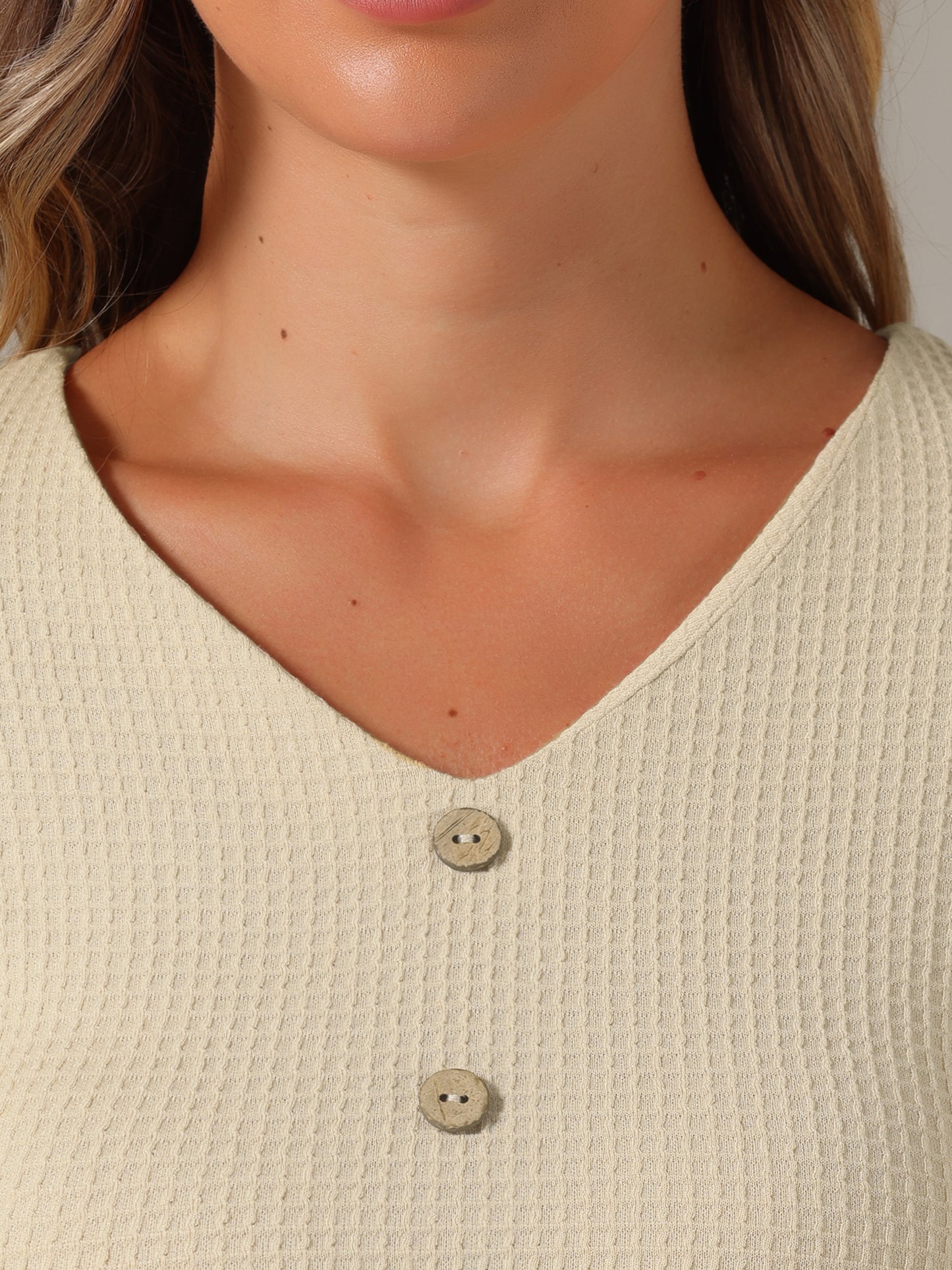 Women's Waffle Knit Tops Long Sleeve Shirts Ruffled Hem Decorative Buttons V-Neck Shirt