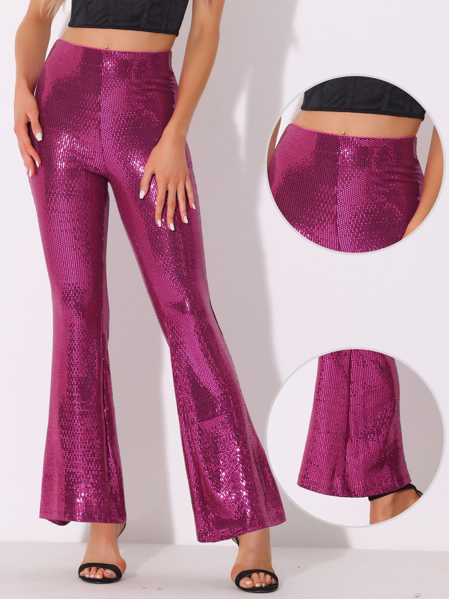 Women's Sequin Flare Pants High Waist Stretch 1980s Retro Vintage Sparkle Long Bell Bottoms