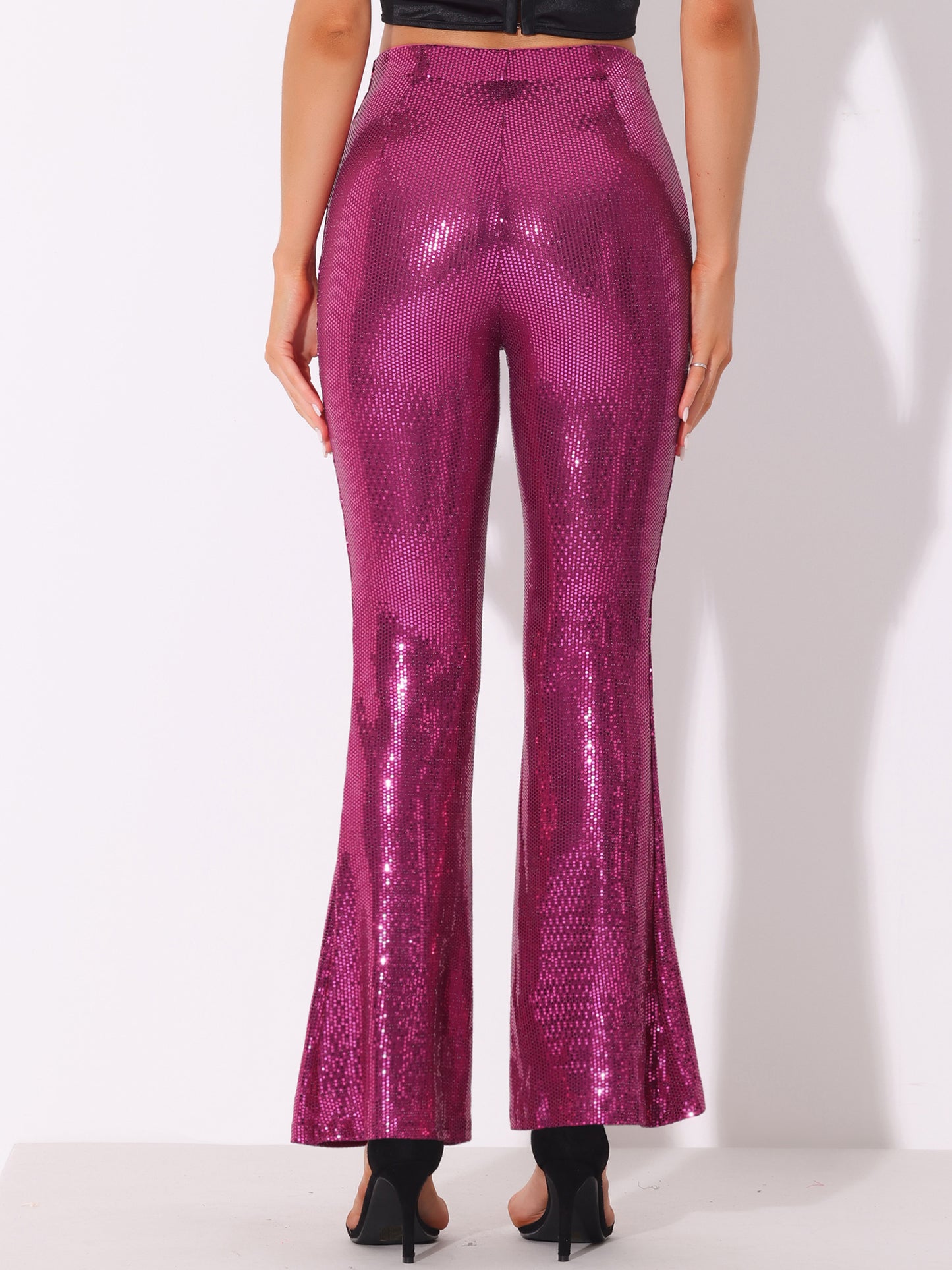 Women's Sequin Flare Pants High Waist Stretch 1980s Retro Vintage Sparkle Long Bell Bottoms