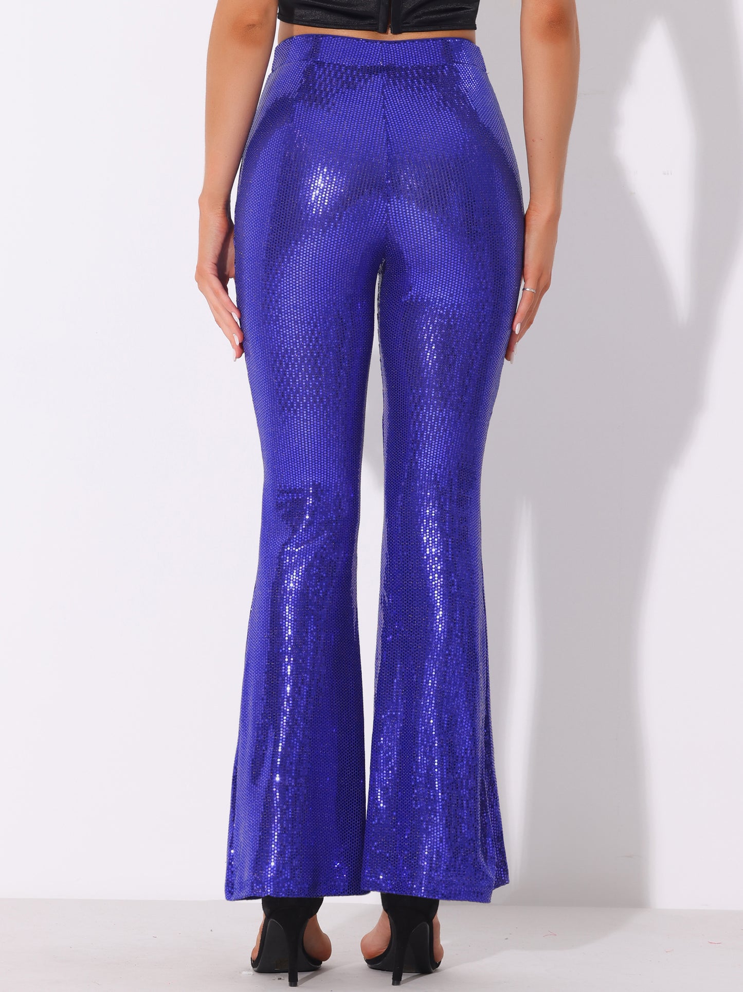 Women's Sequin Flare Pants High Waist Stretch 1980s Retro Vintage Sparkle Long Bell Bottoms