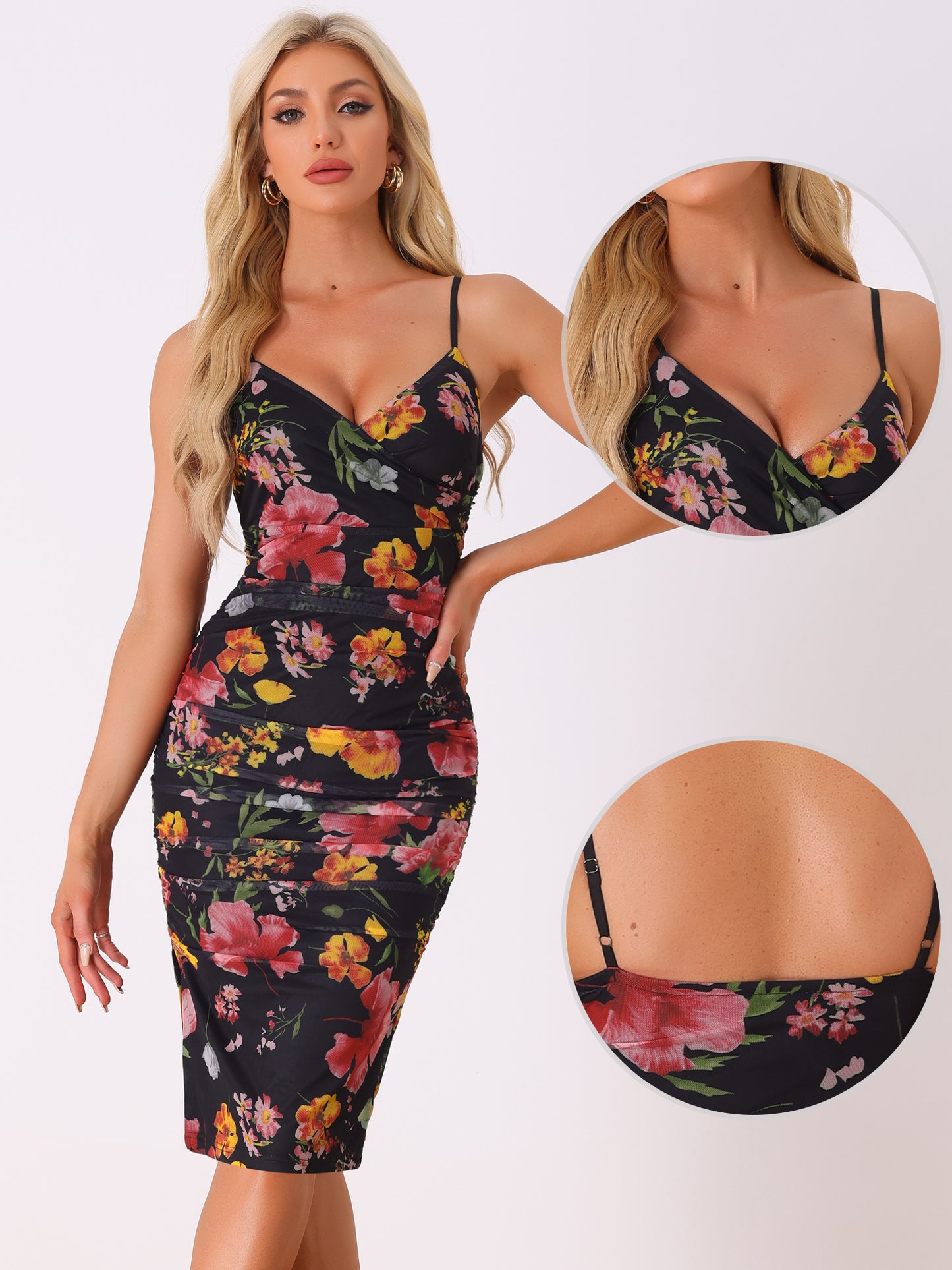 Women's Floral Cami Dress Ruched Mesh Side Slit Summer Bodycon Dresses