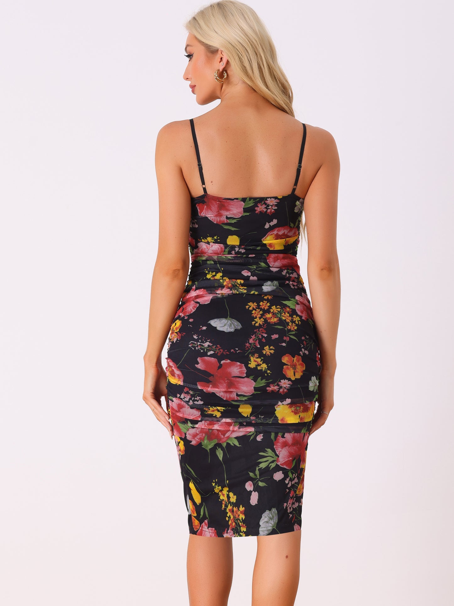 Women's Floral Cami Dress Ruched Mesh Side Slit Summer Bodycon Dresses