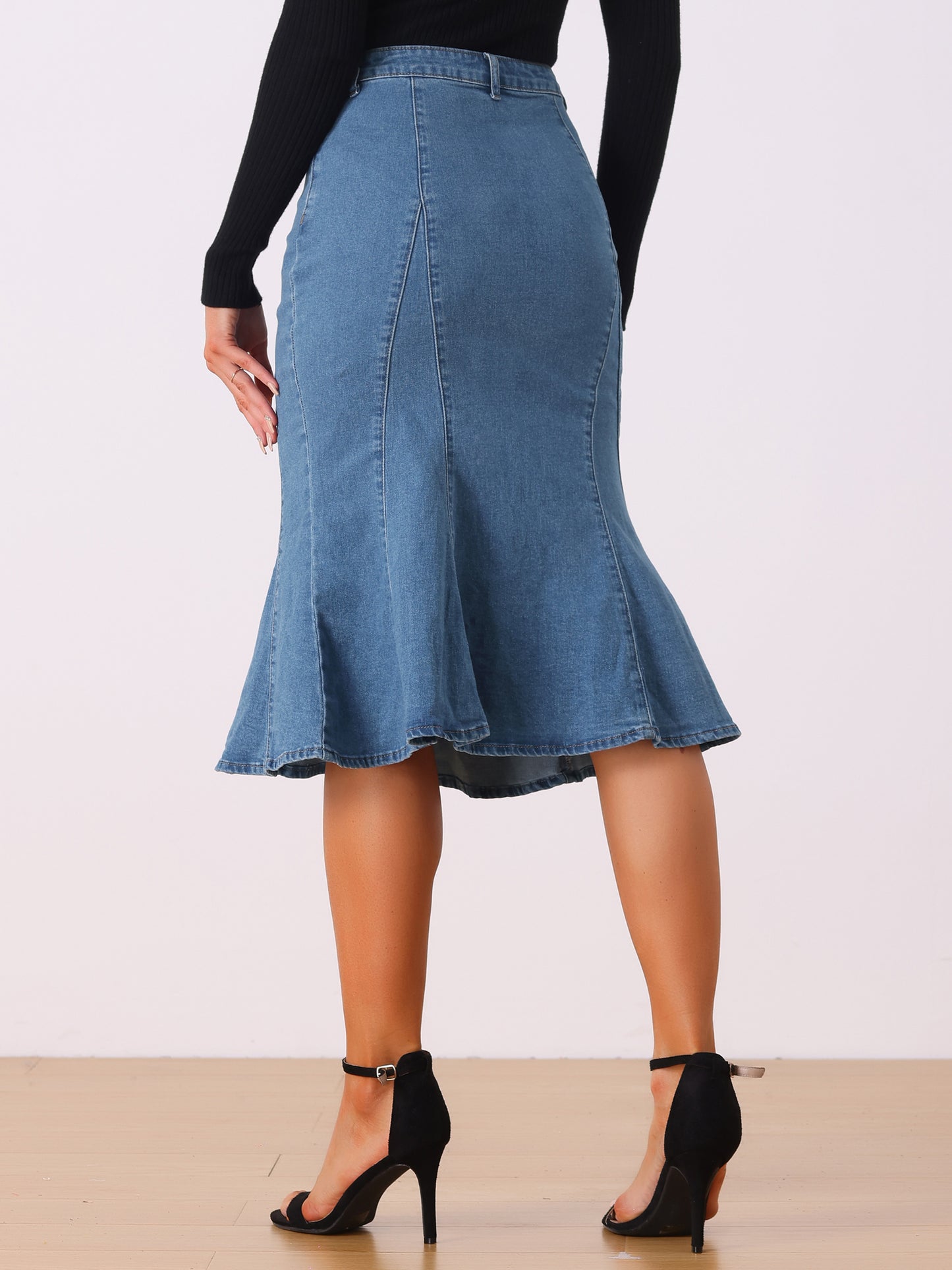 Falda vaquera midi ajustada de cintura alta con volantes y cola de pez para mujer