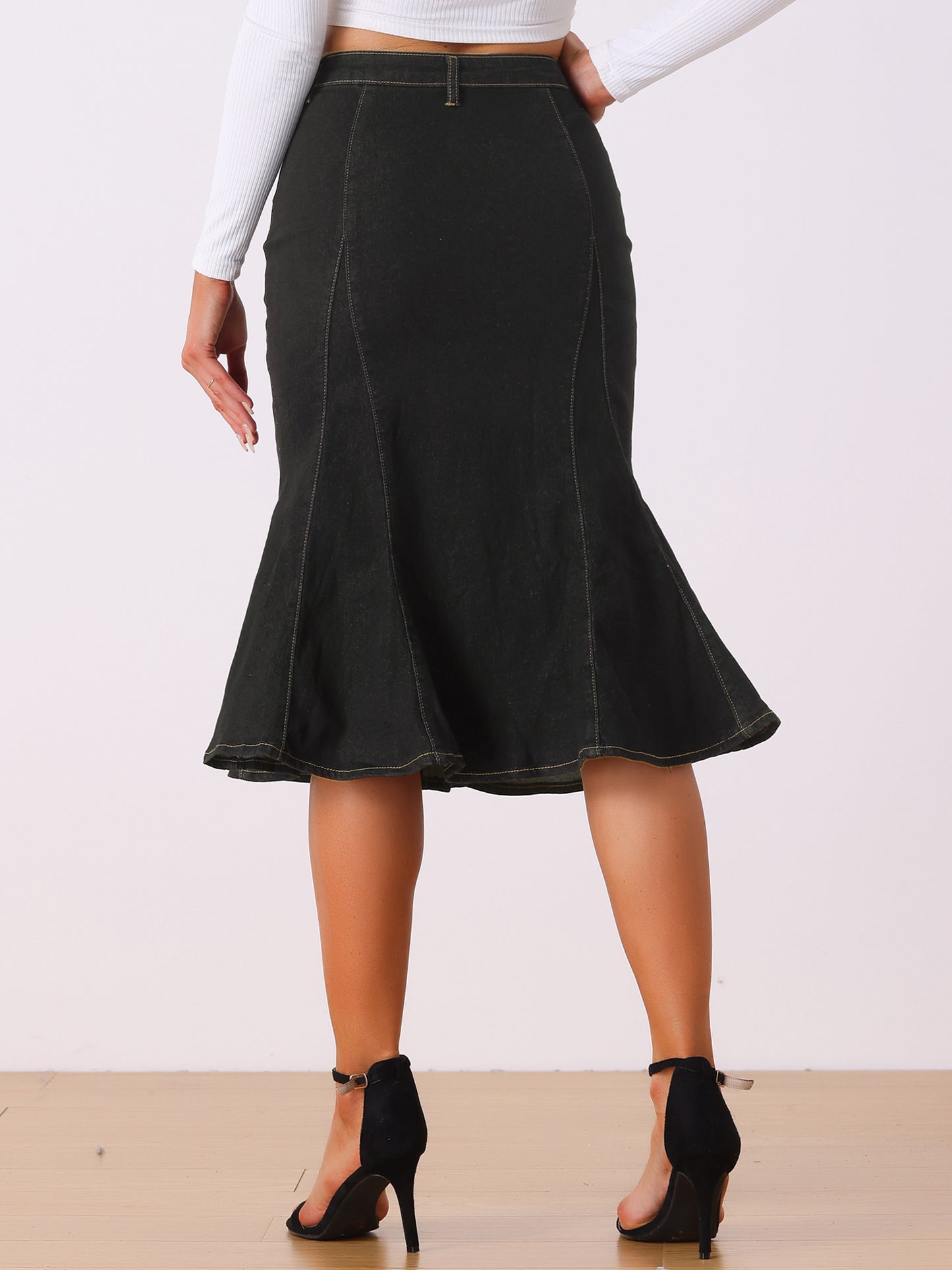 Falda vaquera midi ajustada de cintura alta con volantes y cola de pez para mujer