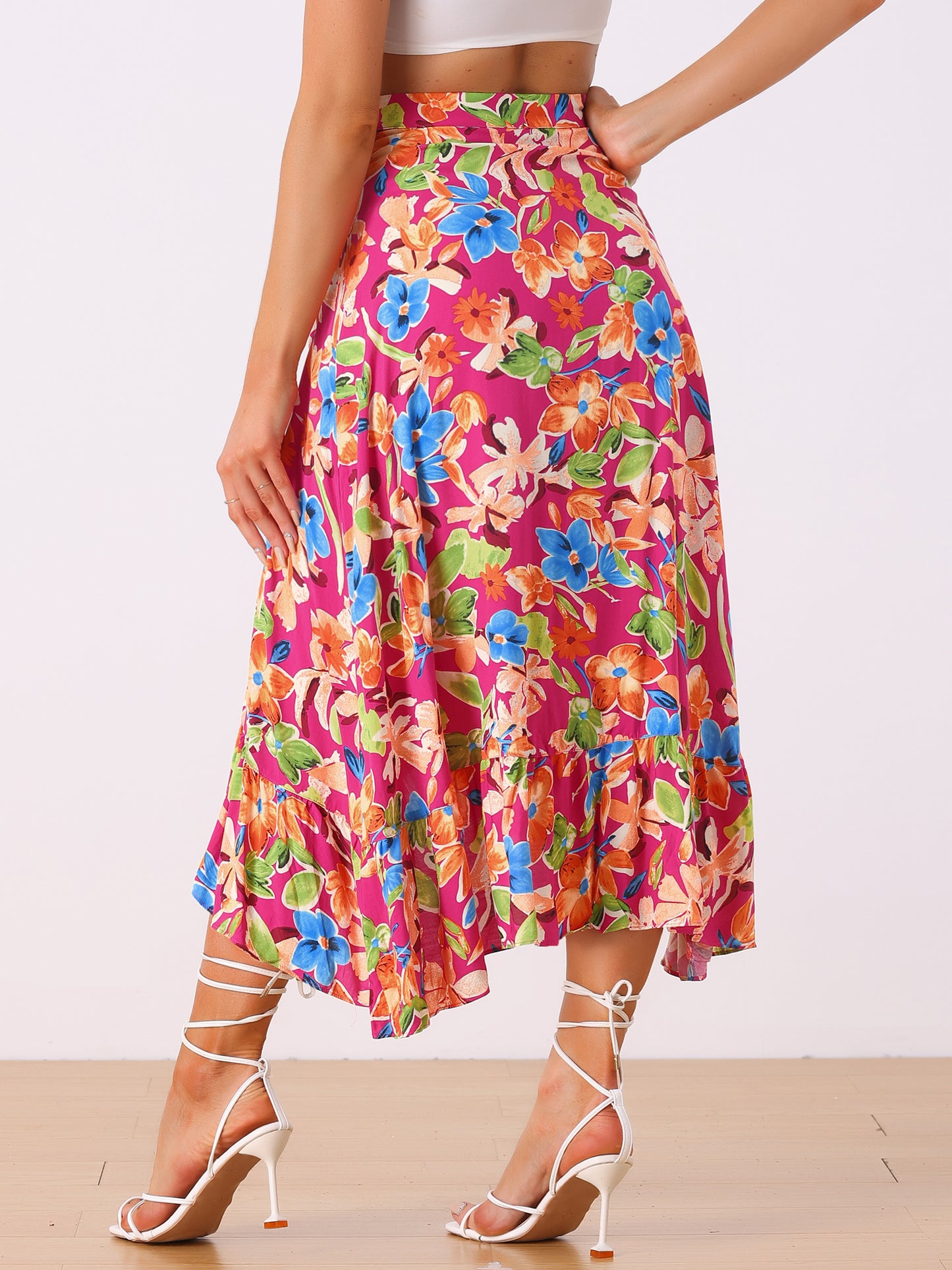 Women's Tropical Floral Print Ruffle Self Tie Knot Split Beach Wrap Skirt