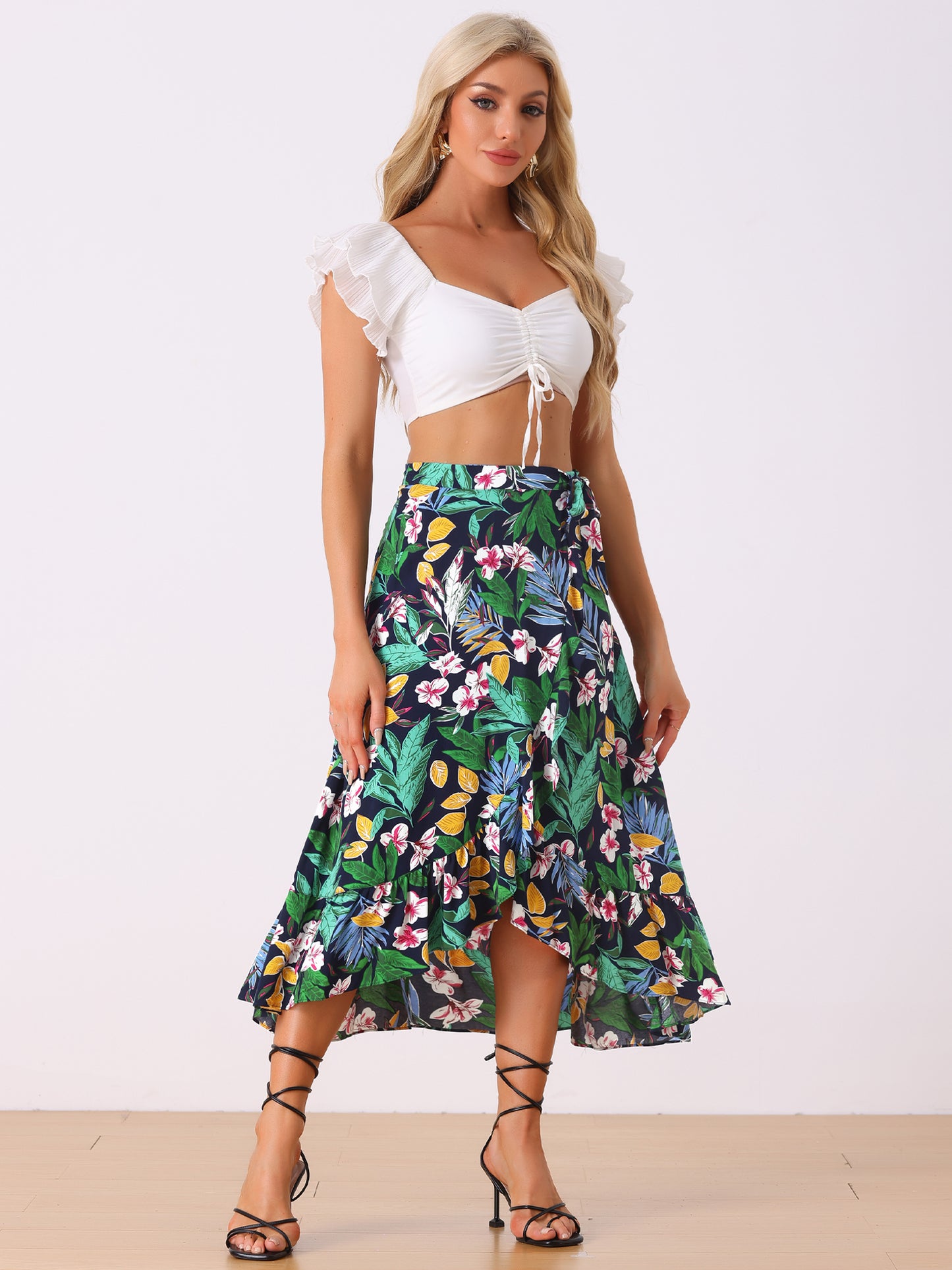 Women's Tropical Floral Print Ruffle Self Tie Knot Split Beach Wrap Skirt