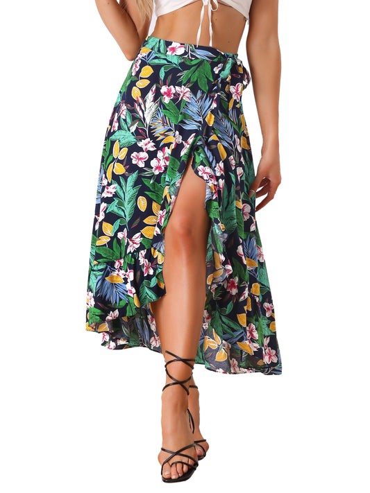 Women's Tropical Floral Print Ruffle Self Tie Knot Split Beach Wrap Skirt