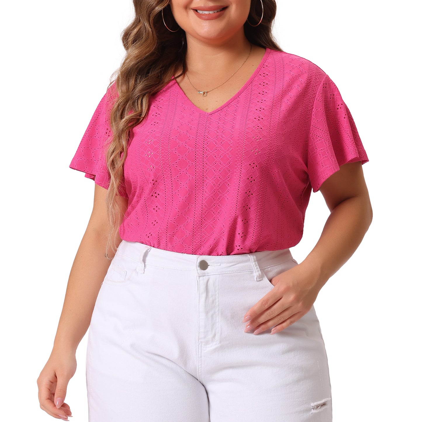 Women's Plus Size Summer Tee V Neck Hollow Flare Short Sleeve Casual Top Tunic