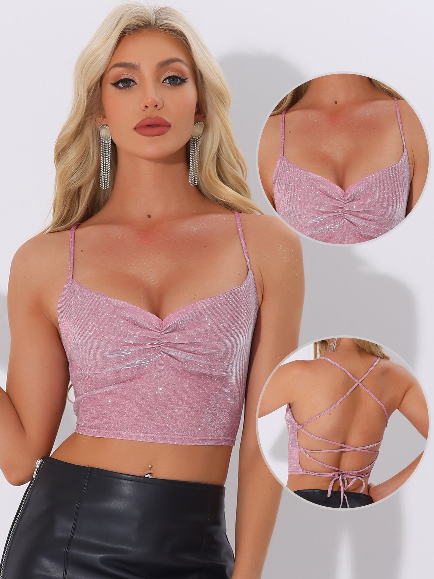 Women's Sparkle Crop Tops Glitter Party Crisscross Back Spaghetti Strap Cami Top Slim Fit Tank Top