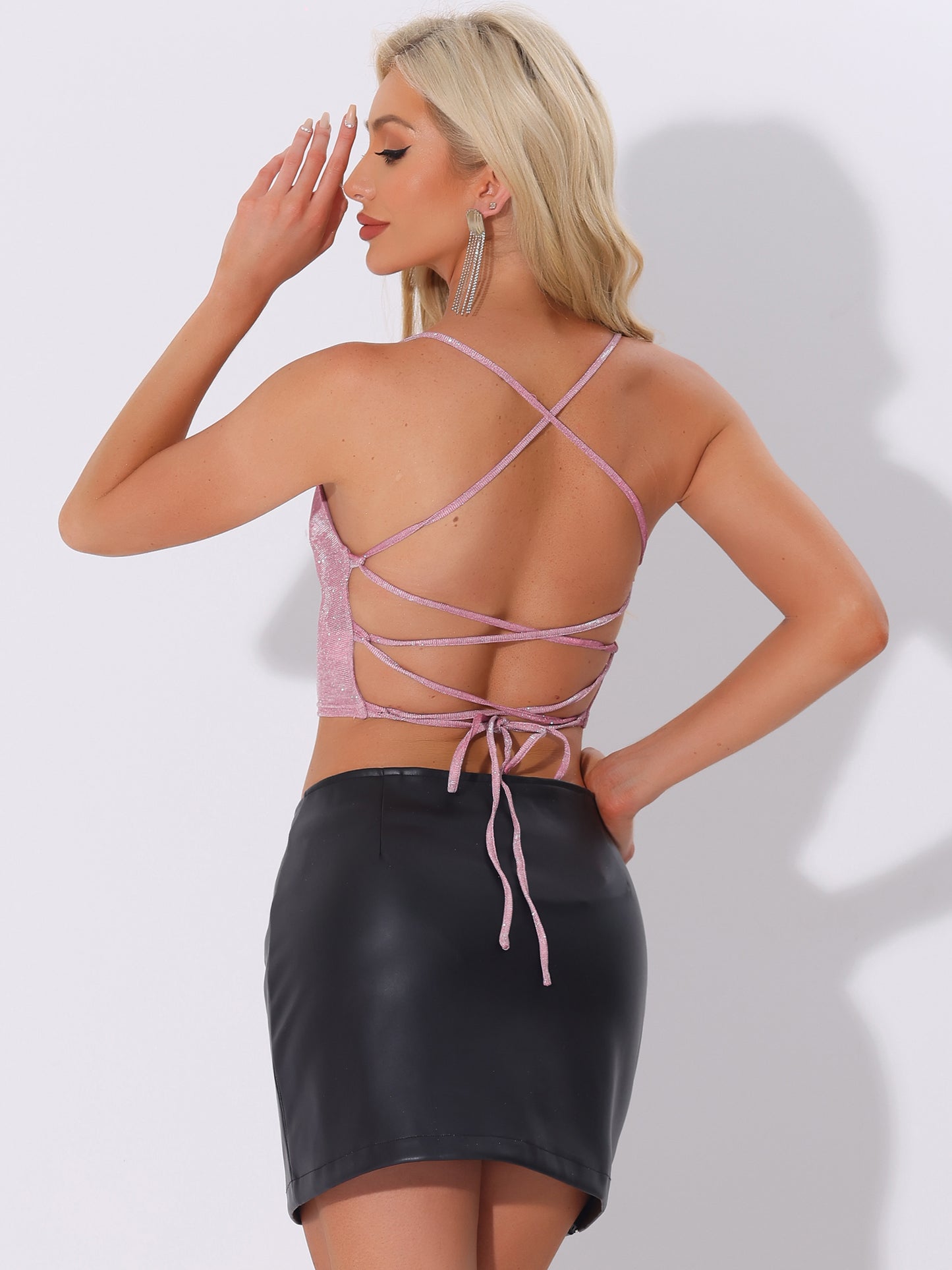 Women's Sparkle Crop Tops Glitter Party Crisscross Back Spaghetti Strap Cami Top Slim Fit Tank Top