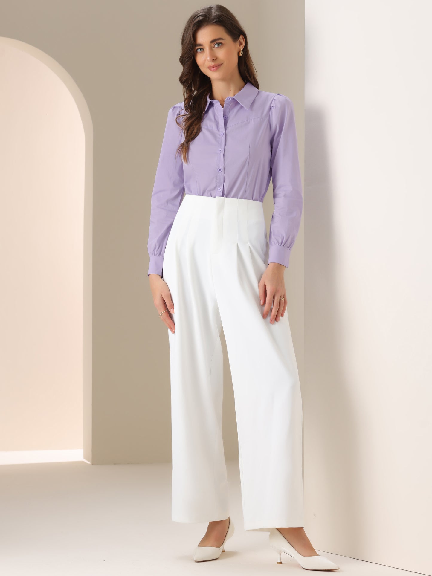 Women's Leotard Shirt Collared Business Casual Button Down Long Sleeves Bodysuit Top