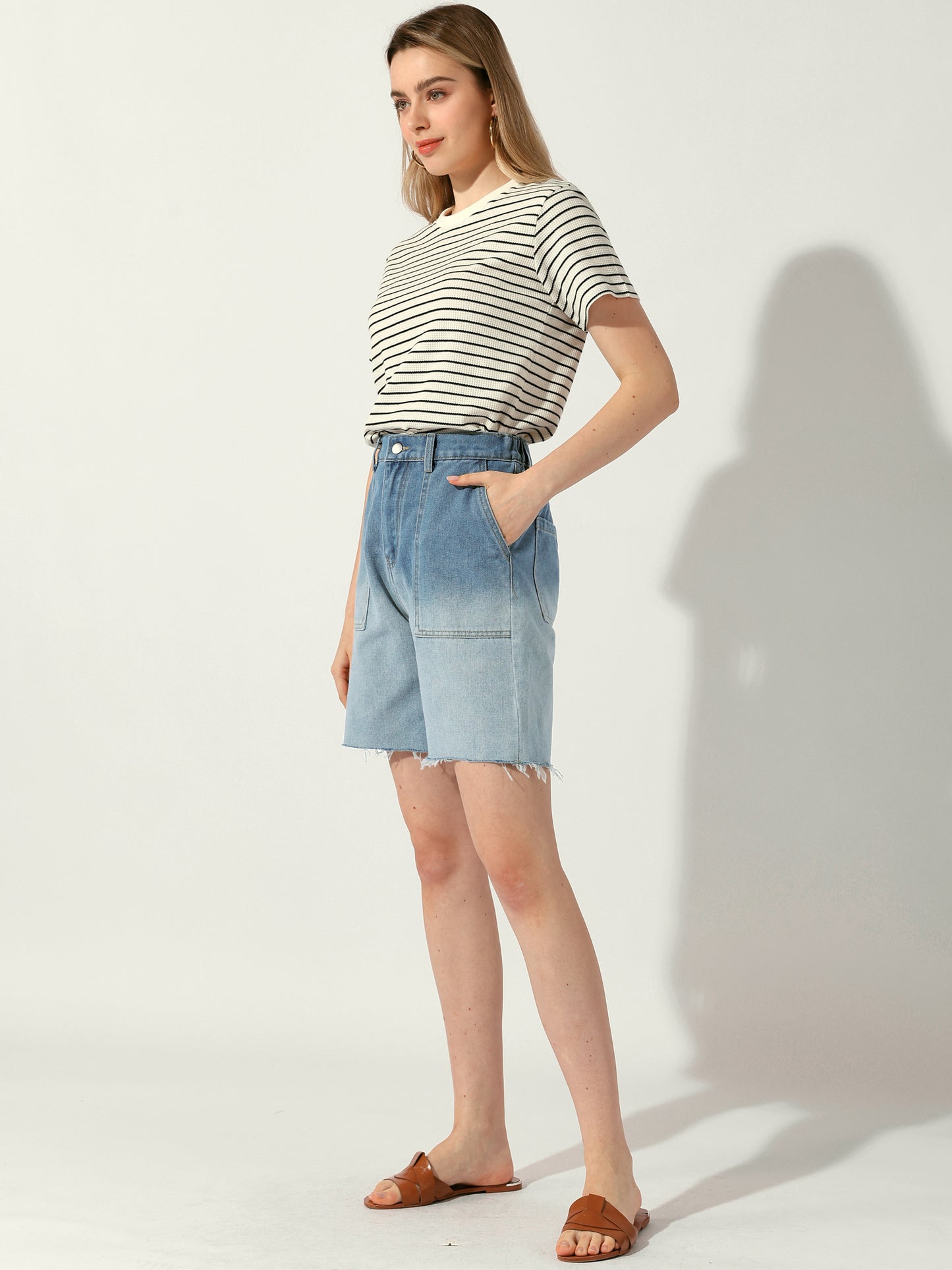 Women's Elastic Waist Straight Leg Jeans Pants Denim Shorts