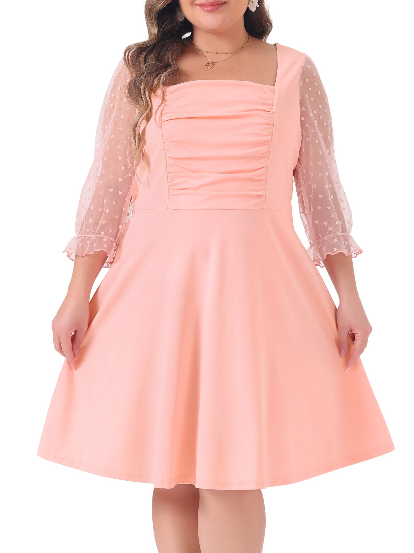 Women Plus Size Dresses Square Neck Floral Mesh Long Sleeves Evening Party Dress