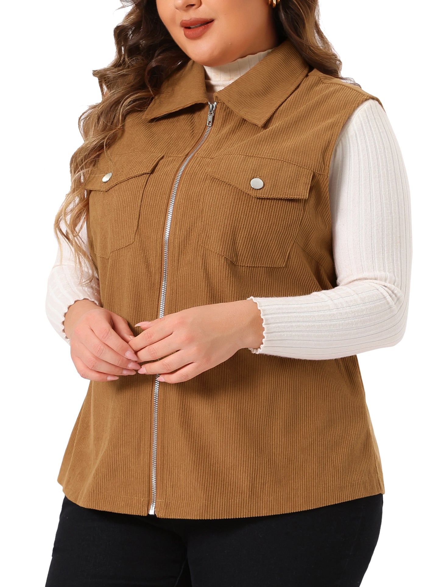 Women Plus Size Utility Vest Corduroy Sleeveless Lapel Zipper Lightweight Jackets Vest