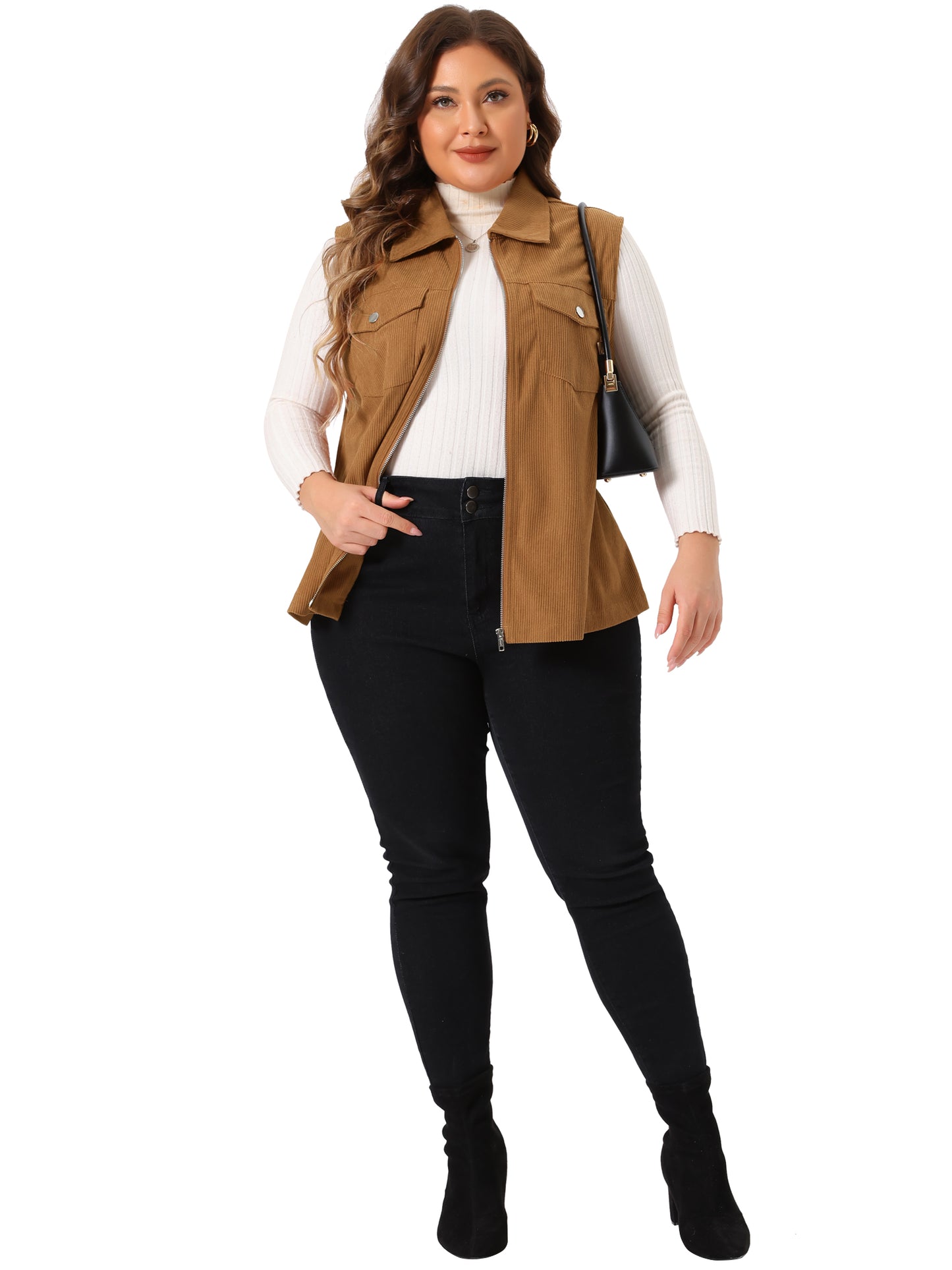 Women Plus Size Utility Vest Corduroy Sleeveless Lapel Zipper Lightweight Jackets Vest