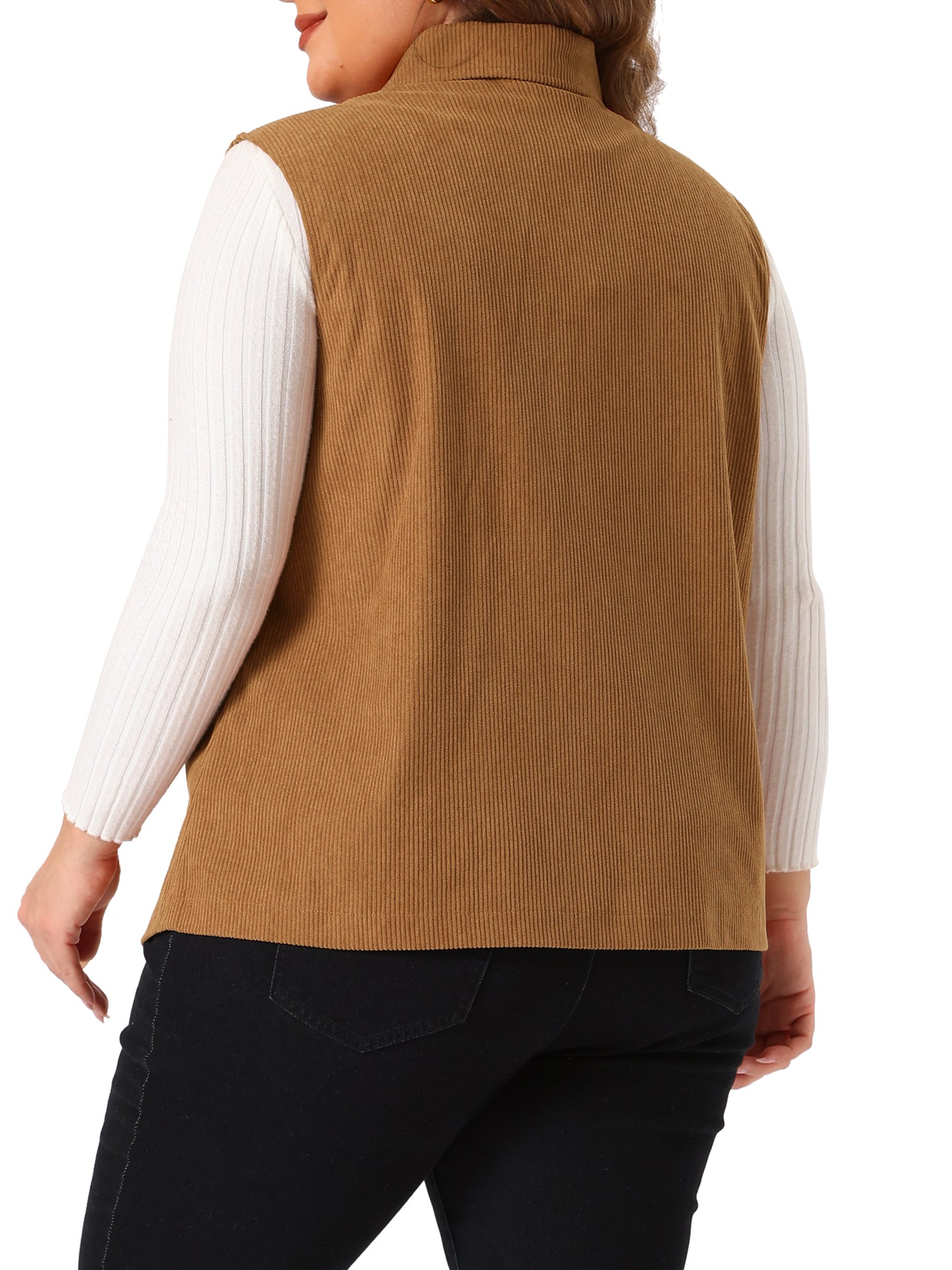 Women Plus Size Utility Vest Corduroy Sleeveless Lapel Zipper Lightweight Jackets Vest