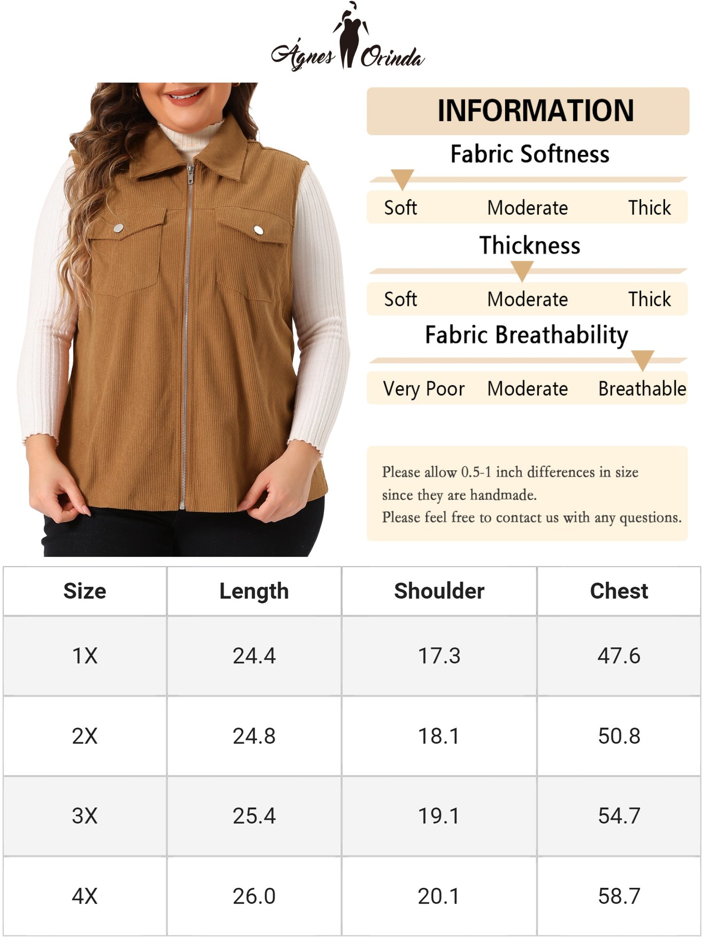 Women Plus Size Utility Vest Corduroy Sleeveless Lapel Zipper Lightweight Jackets Vest