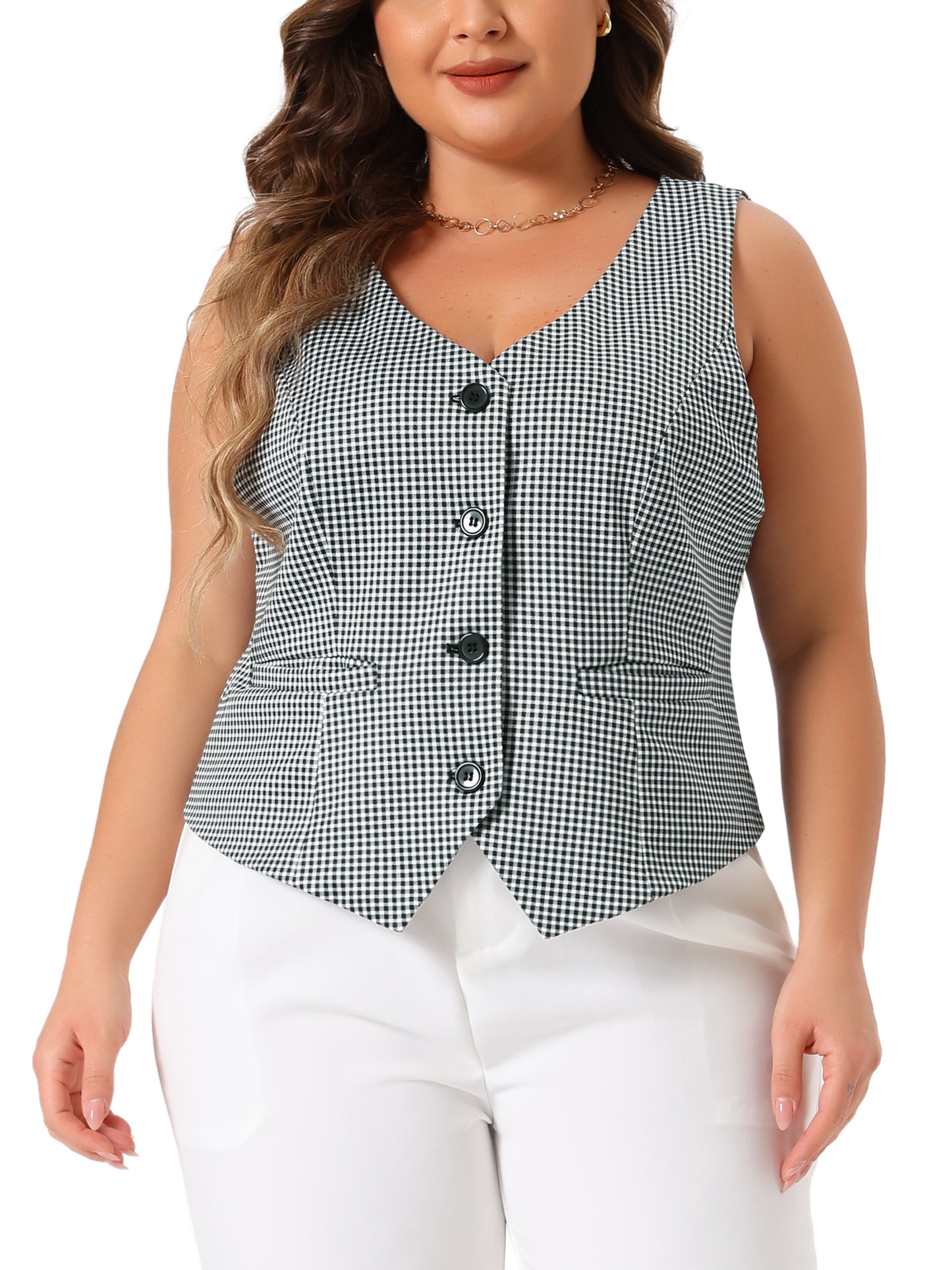 Women Plus Size Vest Retro Plaid Steampunk Sleeveless Button with Pockets Waistcoat Vest
