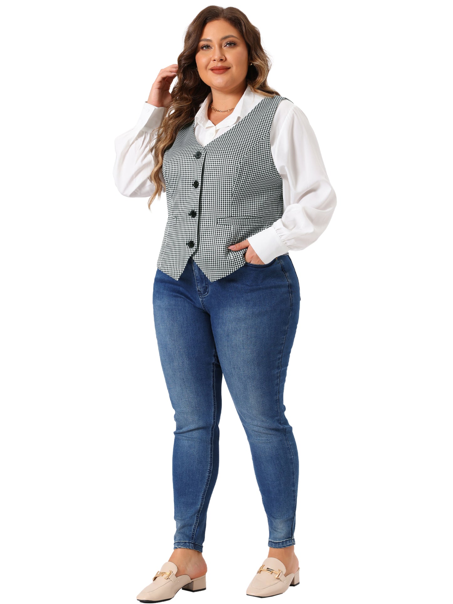 Women Plus Size Vest Retro Plaid Steampunk Sleeveless Button with Pockets Waistcoat Vest