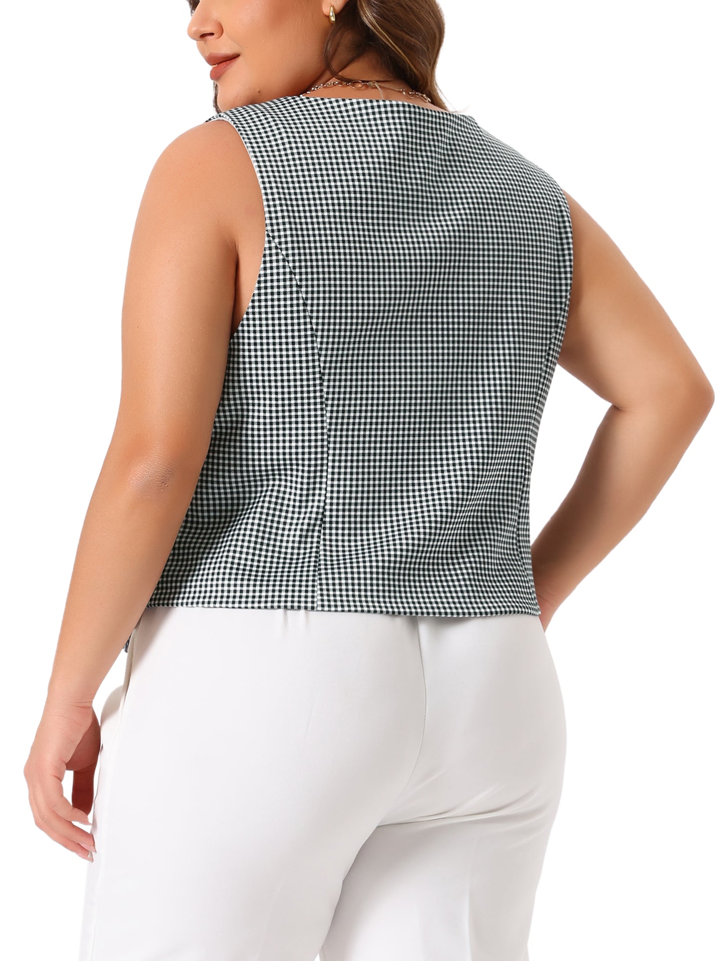 Women Plus Size Vest Retro Plaid Steampunk Sleeveless Button with Pockets Waistcoat Vest